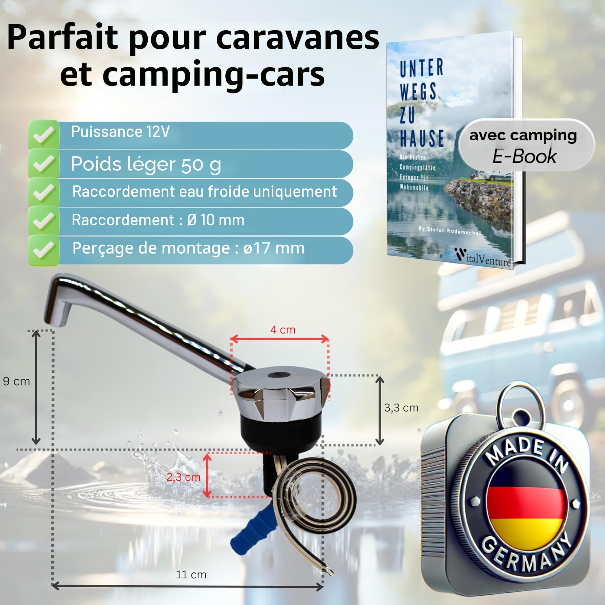 Robinet Comet Novo 12 V pour camping-car - Raccord 10 mm (froid), noir/chrome, robinet compact avec pompe, idéal pour lavabo, camping-car