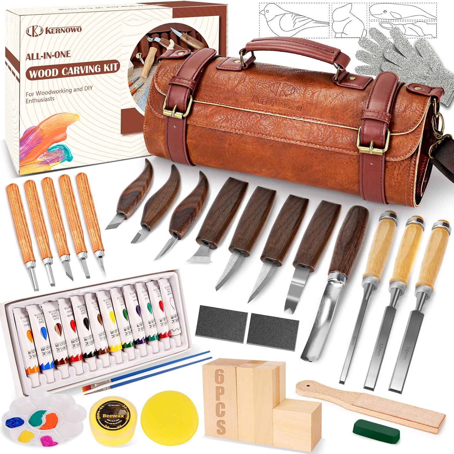KKERNOWO 50PCS Beginner Wood Carving Kit: Whittling Knives, Chisels, Basswood Blocks, Templates & Finishing Supplies