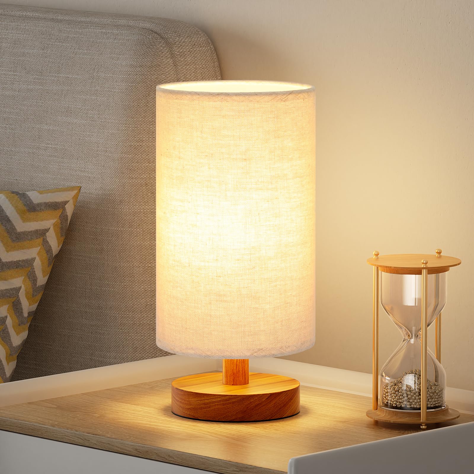 Fenmzee Small Table Lamps (Beige Shade - Walnut Base, 9" Inline Control)