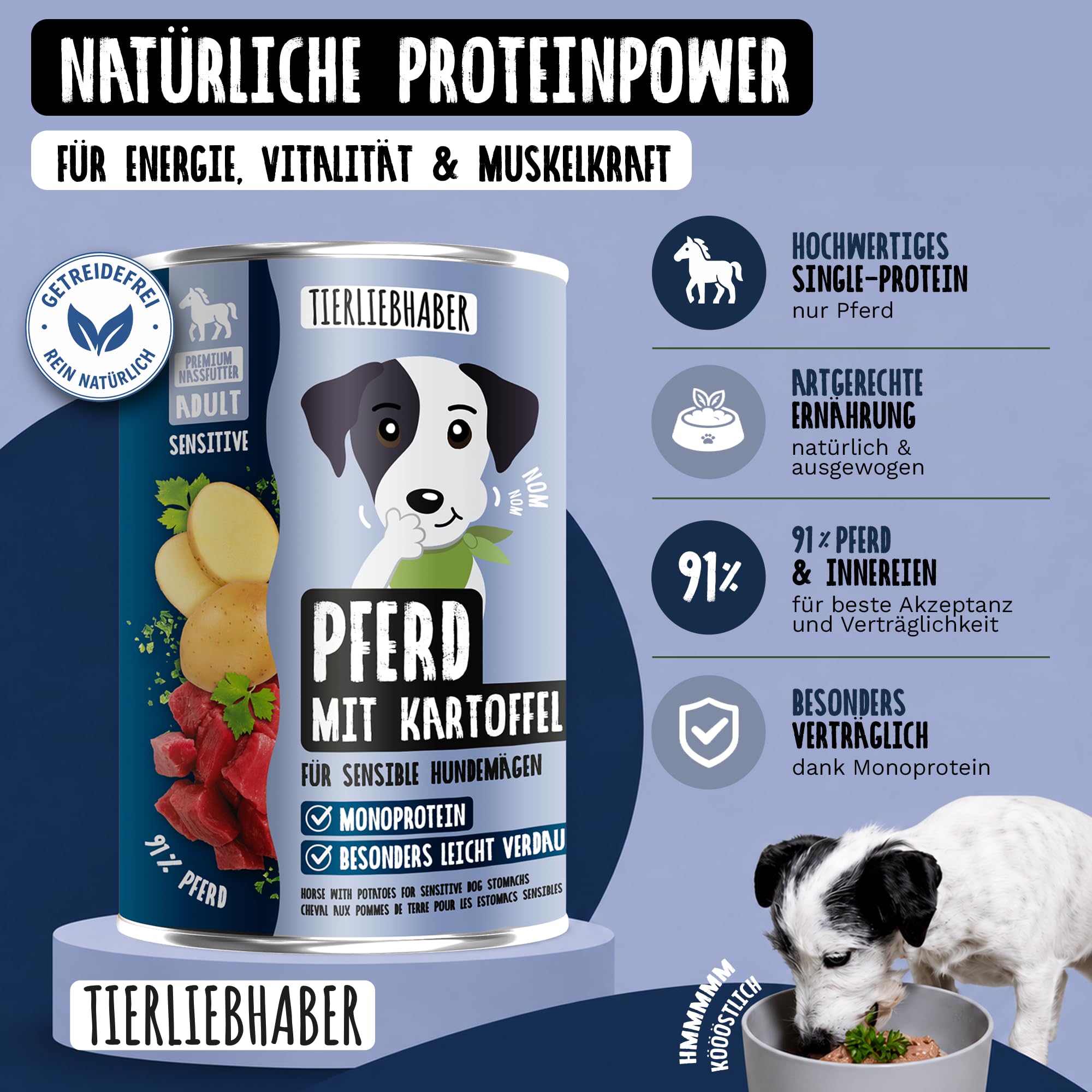 Hundefutter Nass 12x400g Pferd & Kartoffeln – Hunde Nassfutter Wet Dog Food | Tierärztlich entwickeltes Hundenassfutter 400g Dosen mit 94% Fleischanteil – Dog Food leicht verdaulich von TIERLIEBHABER