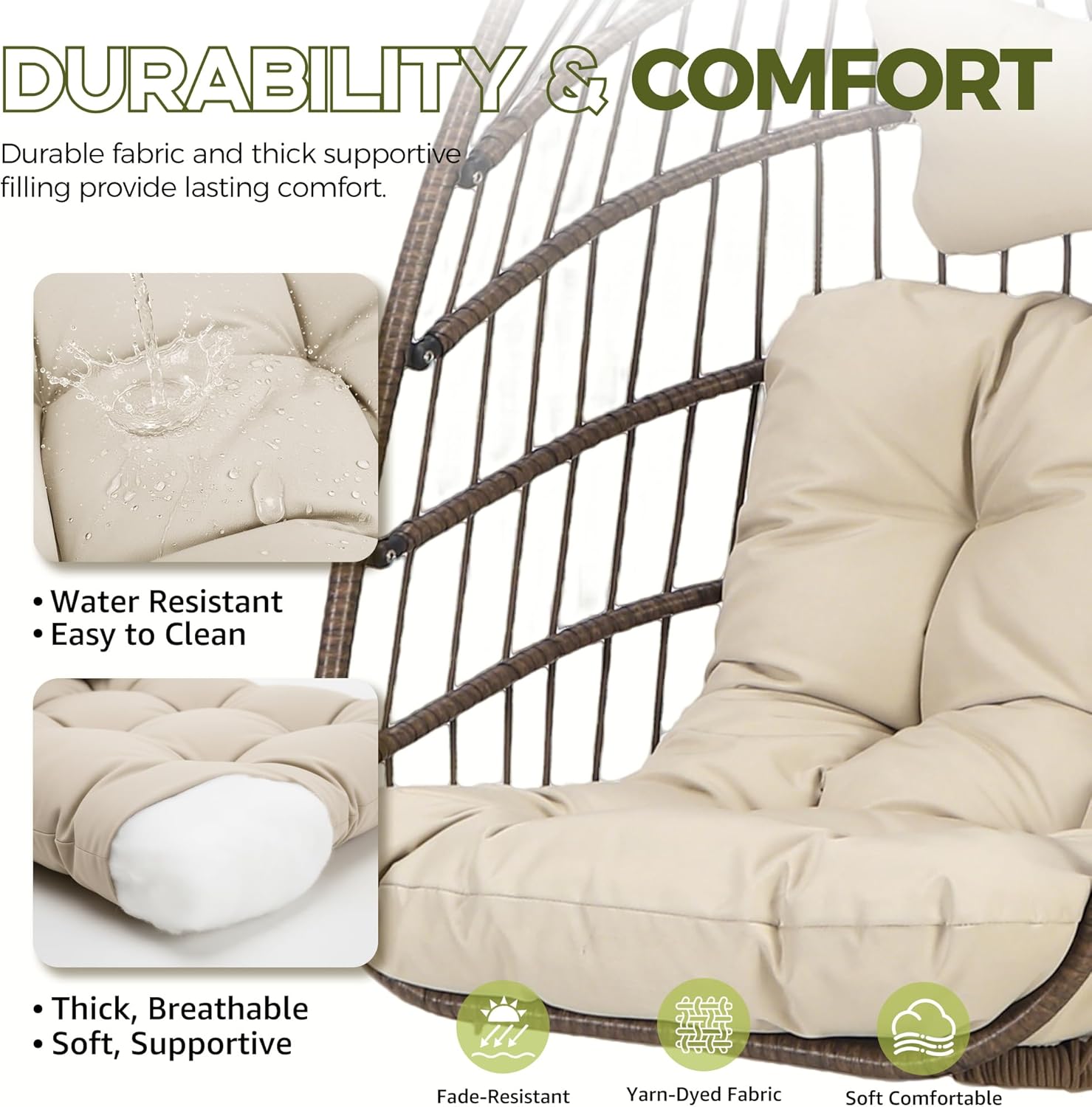 RADIATA Outdoor Hanging Egg Chair Without Stand, Foldable Wicker Rattan Ceiling Swing Chair with Padded Cushion, 350Lbs Heavy-Duty Egg Shell Hammocks for Tree Patio Balcony Garden Indoor, Brown