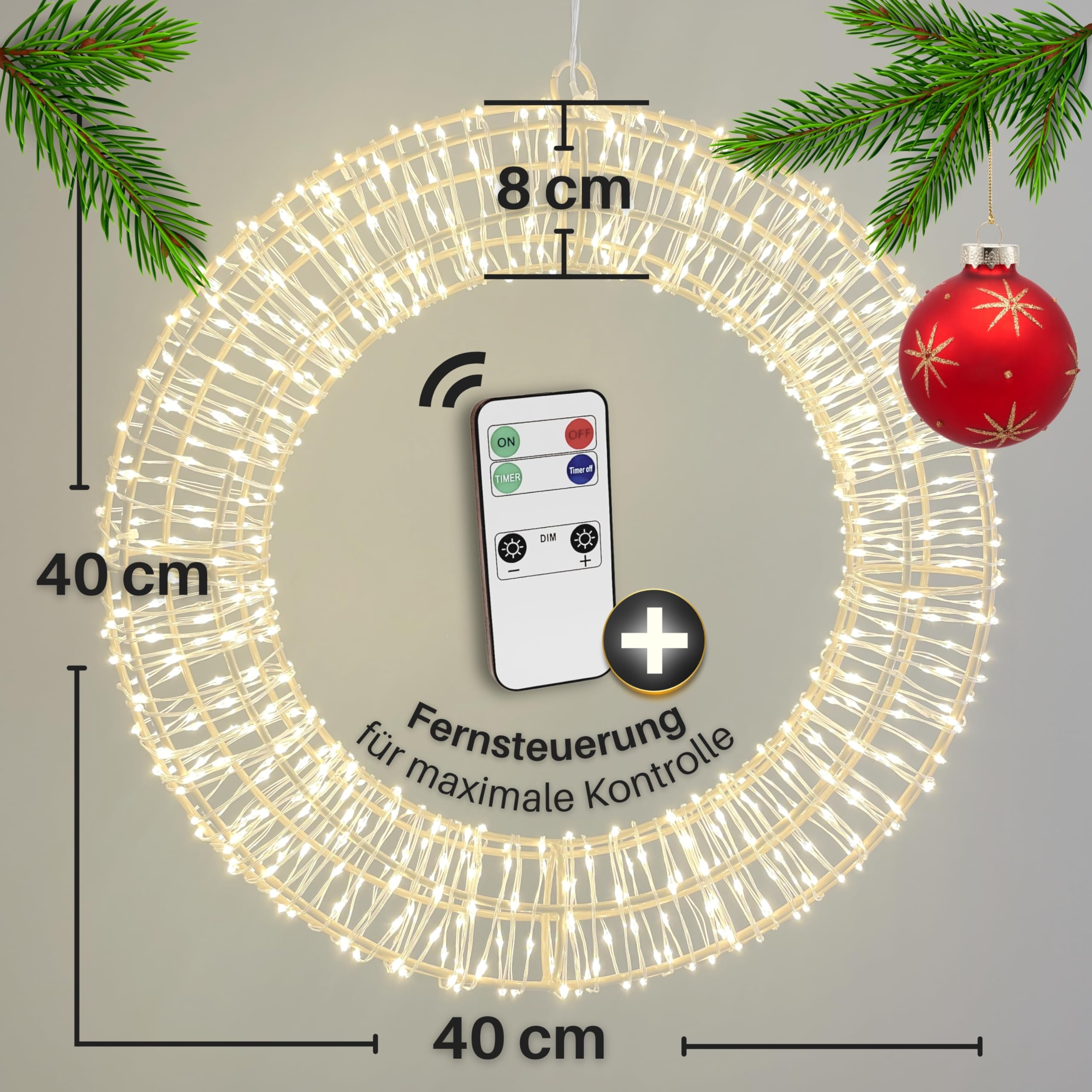 HiLight LED Weihnachtskranz Ø40 cm mit 600 LEDs | Metallkranz/Lichterkranz mit Fernbedienung & Timer - dimmbar | Adventskranz modern & Türkranz Weihnachten beleuchtet | Fensterdeko hängend