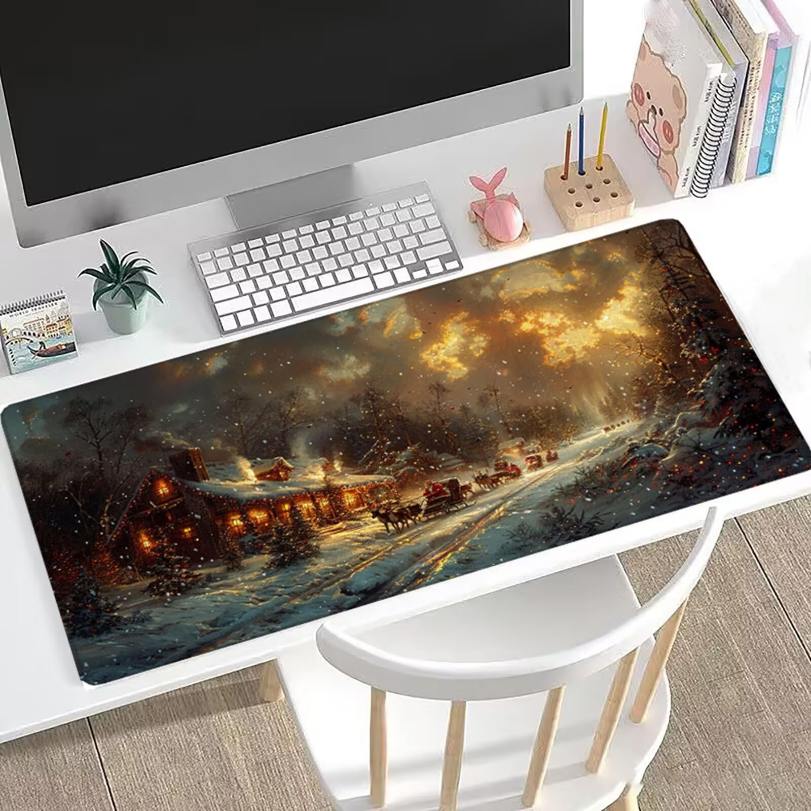 Podkładka pod mysz XXL 1200 x 600 x 3 mm Święty Mikołaj Duża podkładka pod mysz do gier zimowa mata na biurko ze zszytymi krawędziami, antypoślizgowa mata komputerowa, podkładka pod mysz do kreatywnej