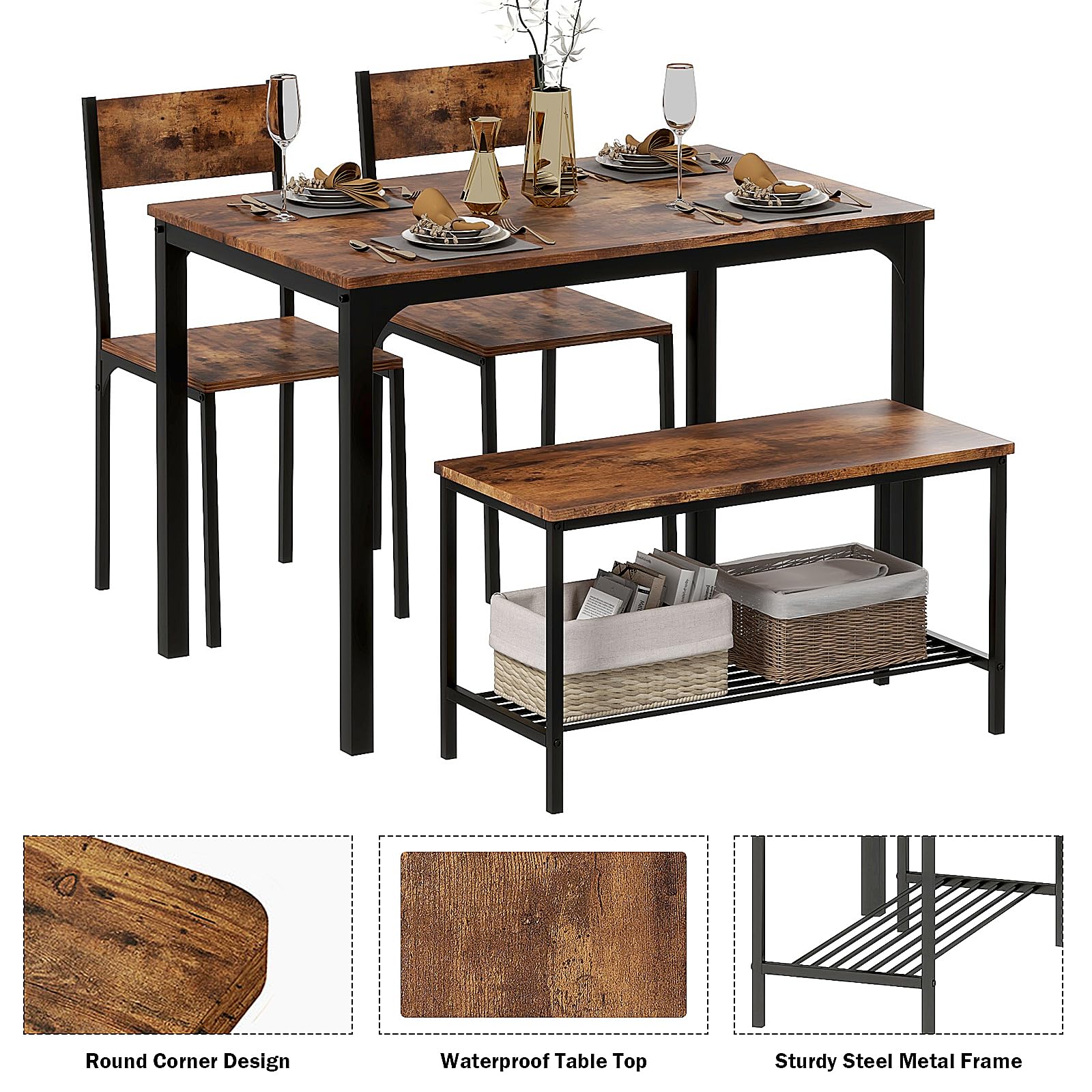 sogesfurniture Essgruppe 4-teilig, mit Esstisch 110 * 70 * 76cm, 2 Stühlen, eine Sitzbank in Metallgestell, Rechteckig Küchentisch-Set mit Ablagefläche für Wohnzimmer, Esszimmer, Vintagebraun