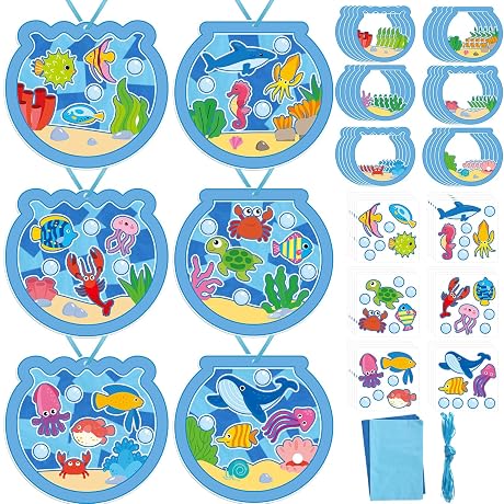 gisgfim 30 Sets Fishbowl Paper Crafts for Summer Fish Tissue Paper Suncatchers Bulk Stained Glass Effect, Make Your Own Sea Animal DIY Art Crafts for Home Activities Party Favor, 6 Styles