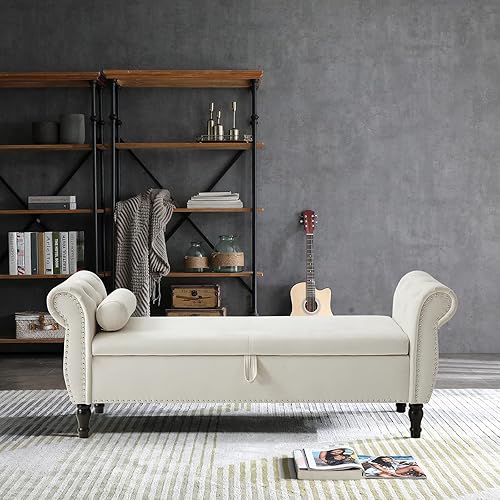 Miniatura 8 de CALABASH Banco de almacenamiento rectangular de terciopelo de 63 pulgadas, taburete otomano de almacenamiento, con botones, bancos de ventana con