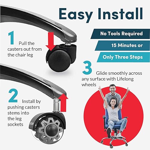 Miniatura 25 de Lifelong Ruedas de repuesto de goma para sillas de oficina, ruedas resistentes de 2 pulgadas para suelos de madera dura y alfombras, juego de 5,