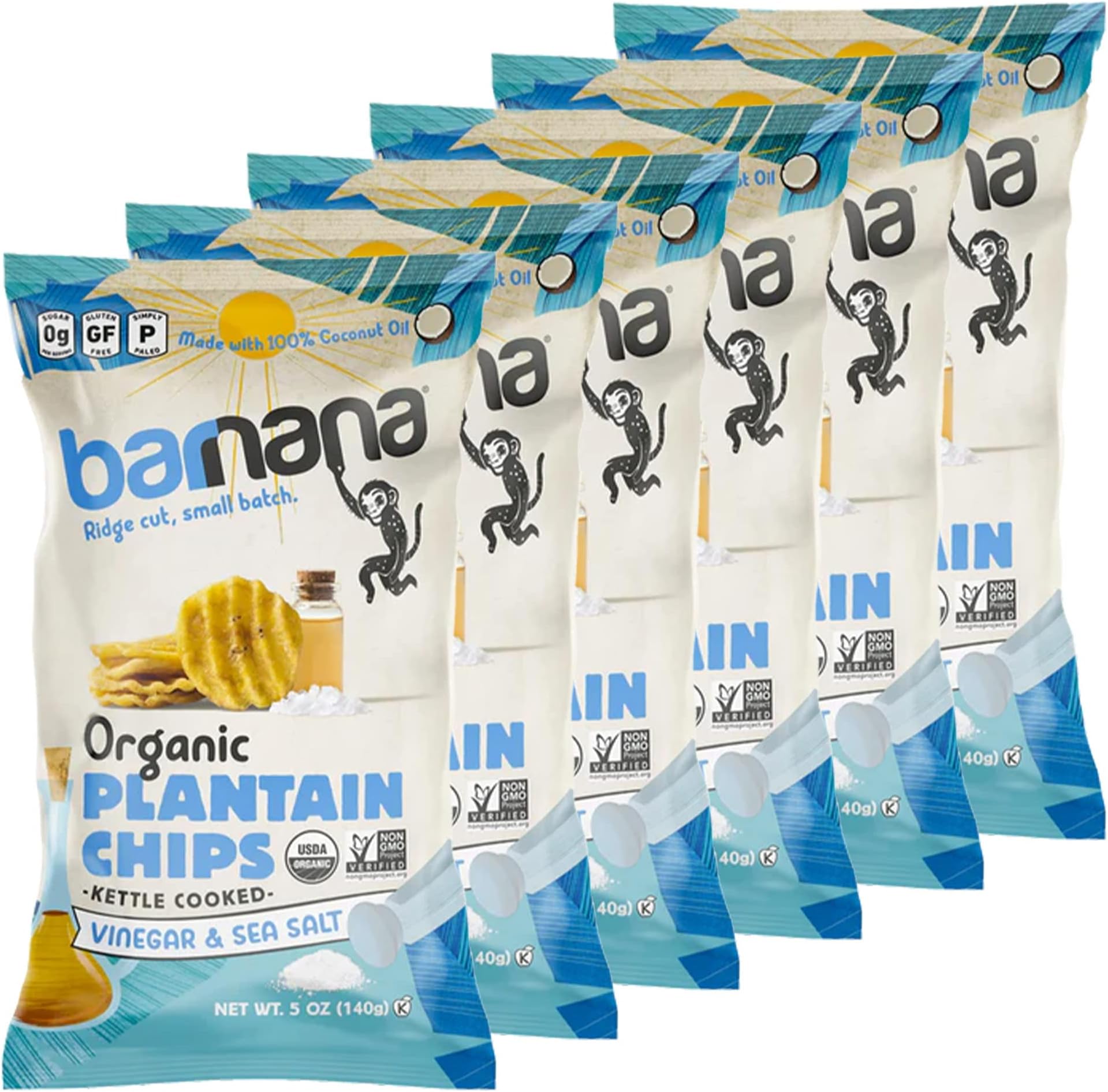 Barnana - Organic Plantain Chips, Salt & Vinegar, Healthy Snack Made With 100% Coconut Oil, Non-GMO, Potato Chip Alternative, Low Sugar, Paleo, Grain-Free Chips, Vegan, USDA Organic (5 oz, 6-Pack)