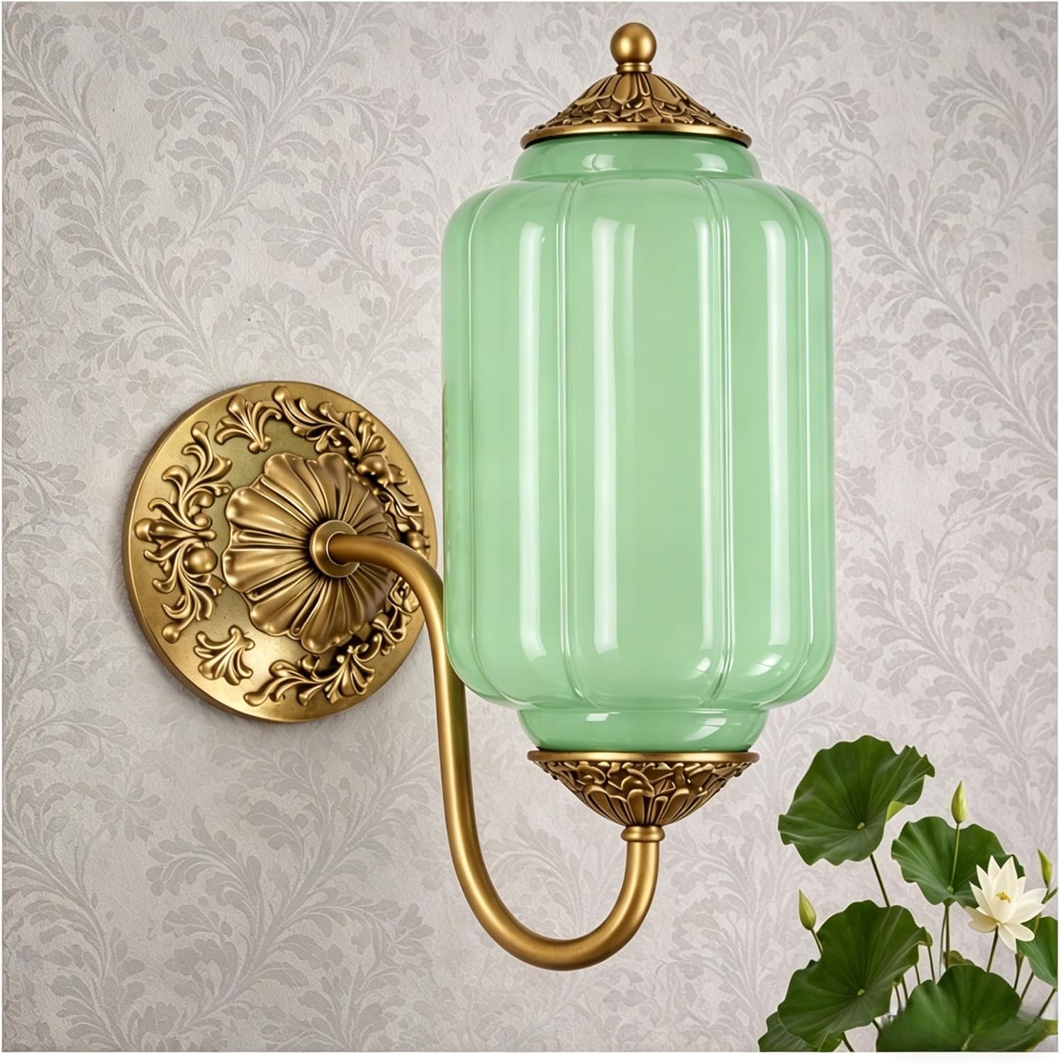 Vintage Green Milk Glass Wall Sconce, Antique Gold Brass Finish, E12 LED Bulb Included, Farmhouse Wall Lighting Fixture for Bathroom Vanity, Bedroom, Hallway, Entryway (Green)