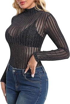 MANGOPOP Womens Mesh Tops Long Sleeve Glitter Sheer Top Sexy