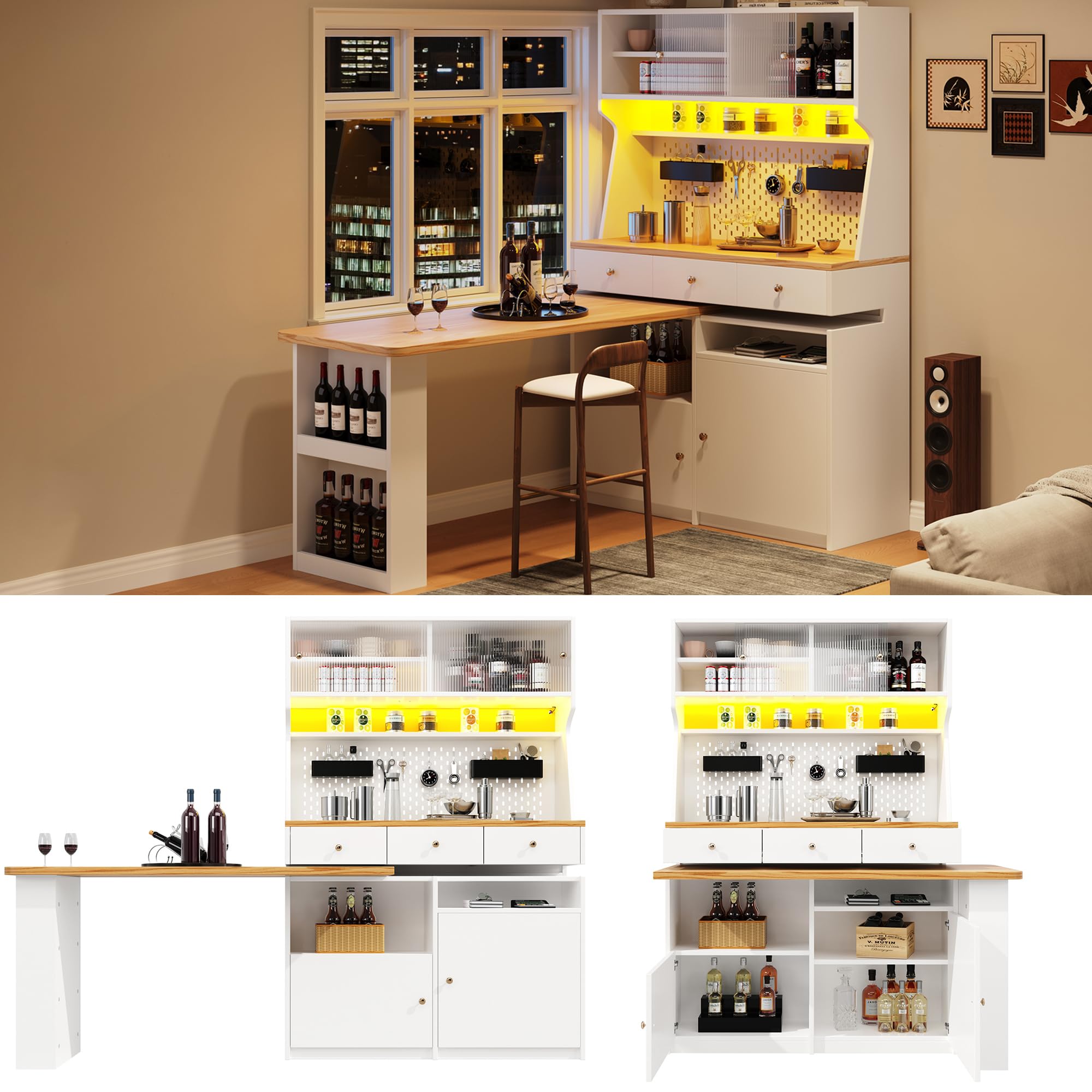 Hoches Küchenbuffet Weiß 137x45x178 cm mit Ausziehbarer Arbeitsfläche, Mehrzweck Aufbewahrungsschrank, Snackschrank Tischschrank mit LE/D Funktion, Holzoptik, für Esszimmer Arbeitszimmer
