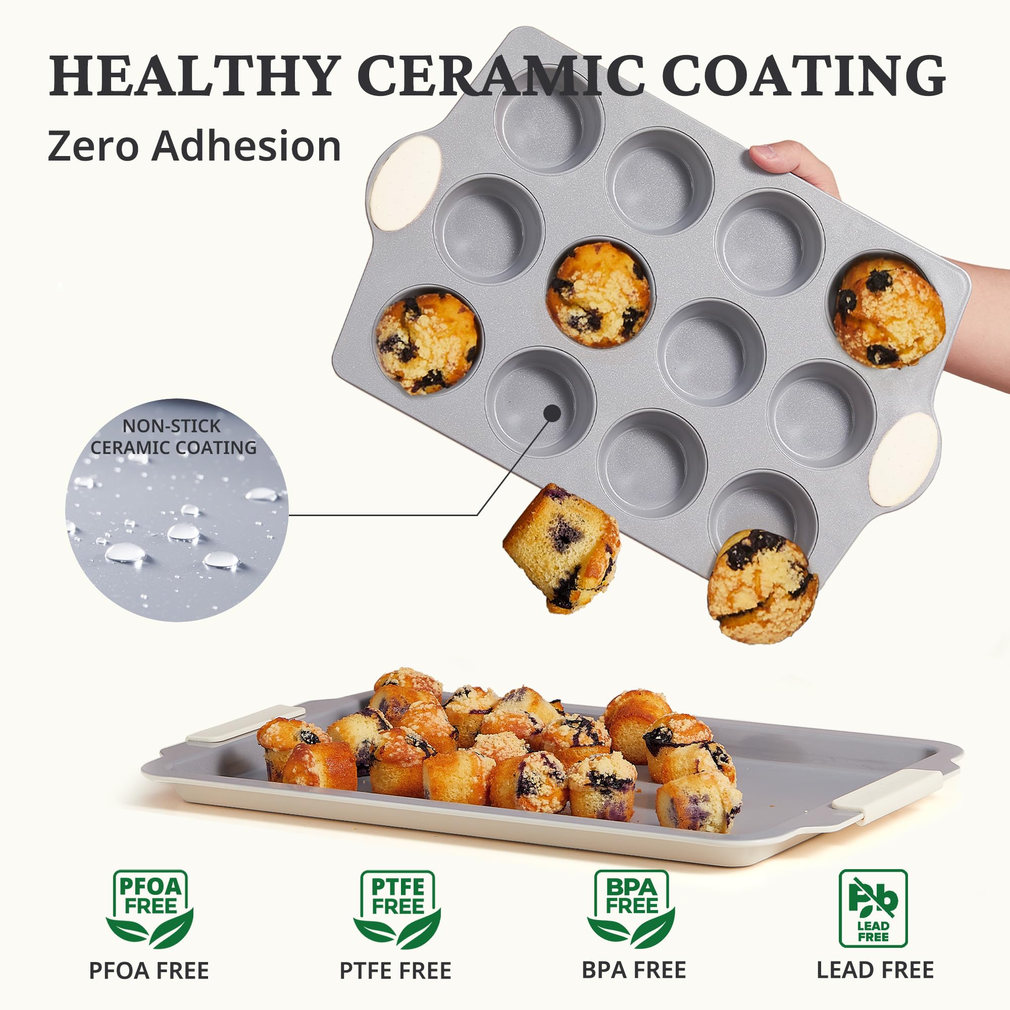 BRONYPRO Muffinform aus Keramik, 12 Tassen, antihaftbeschichtet, aluminisierter Stahl, gesunde, ungiftige Keramikbeschichtung, Muffinform, 2 Stück, Cupcake-Formen zum Backen, Beige