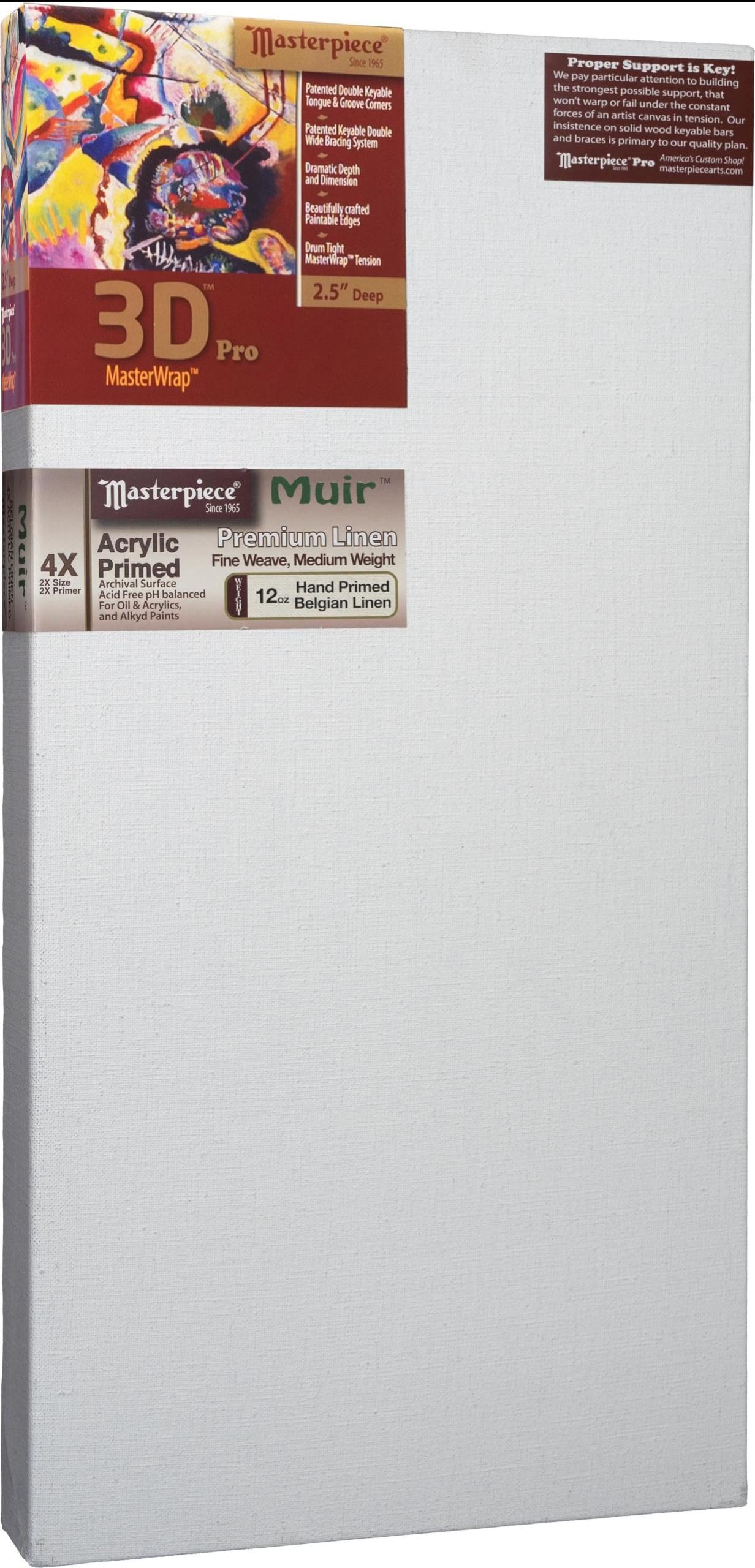 masterpiece z1da-1530 3d pro 2.5" deep muir belgian linen 12.0 oz acrylic primed stretched canvas 15" x 30" white