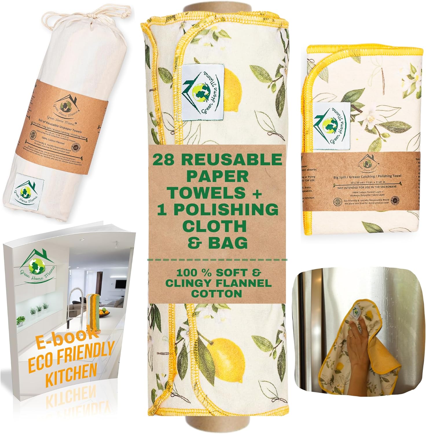 Reusable Paper Towels Washable Roll 29 Pack, 12 x 11 in, 100% Soft Cotton Baby Wipes, Paperless Paper Towel Alternative, Zero Waste Tree-Free Napkins w/ Polishing, Bacon Sponge and Cotton Bag