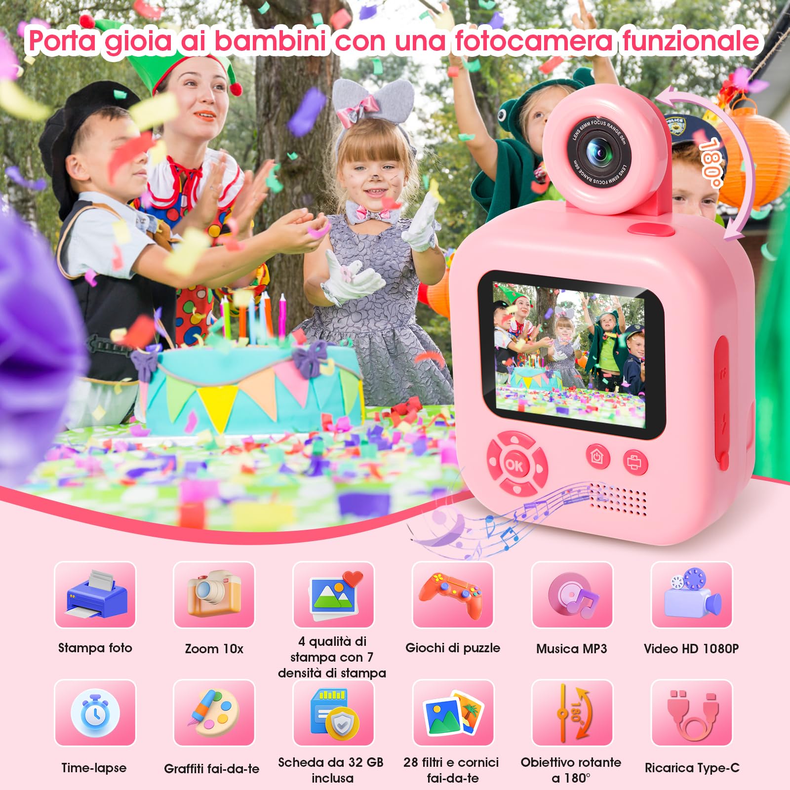 Macchina Fotografica Bambini Istantanea, ZUEOKAI 2,4" Fotocamera Istantanea Bambini con 180° Flip Obiettivo e 3 Stampa Carta, Fotocamera bambini con 32GB, Regalo Bambina Bambino 3 4 5 6 7 8 9 10 anni