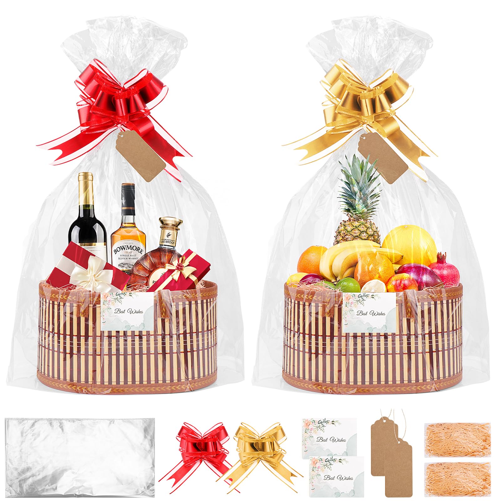 SelfTek Geschenkkorb Leer Groß - 2 Set Geschenkkorb mit Präsentkorb Leer Geschenkfolie Transparent, Füllmaterial, Schleifen, Grußkarte, Etikett, 30x20x15cm Präsentkorb Leer für Weihnachten (Braun)