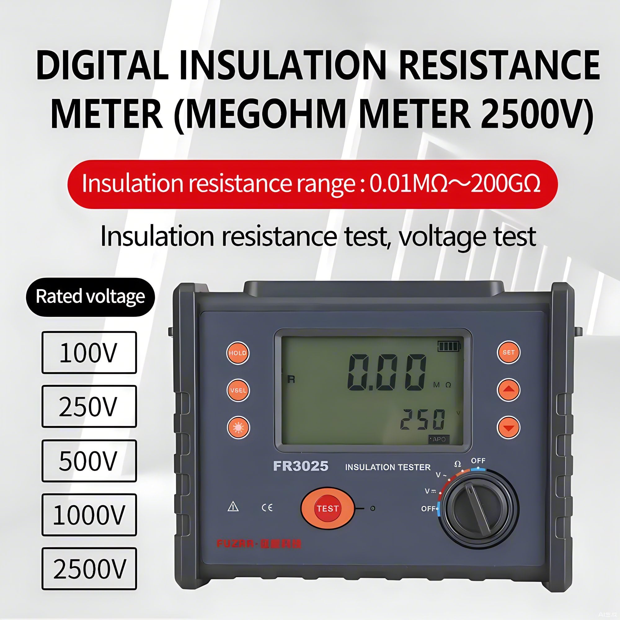 FUZRR FR3025 FR3025E Megohmmeter 200G? High-Voltage Insulation Resistance Tester 2500V/5000V Ohm Meter Professional Digital Ohmmeter Electrical Megameter(FR3025)