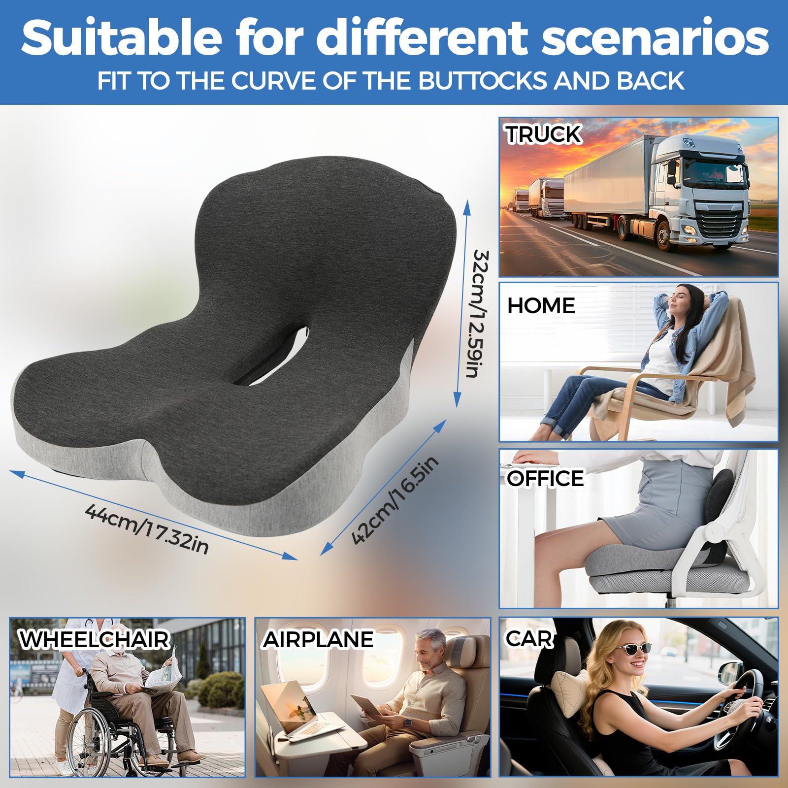 NCONCO Cuscino Sedia Ufficio,con Schienale Supporto Lombare Memory Foam Aumenta il Comfort U-Shape per Auto Guidatore Sedia a Rotelle Scrivania