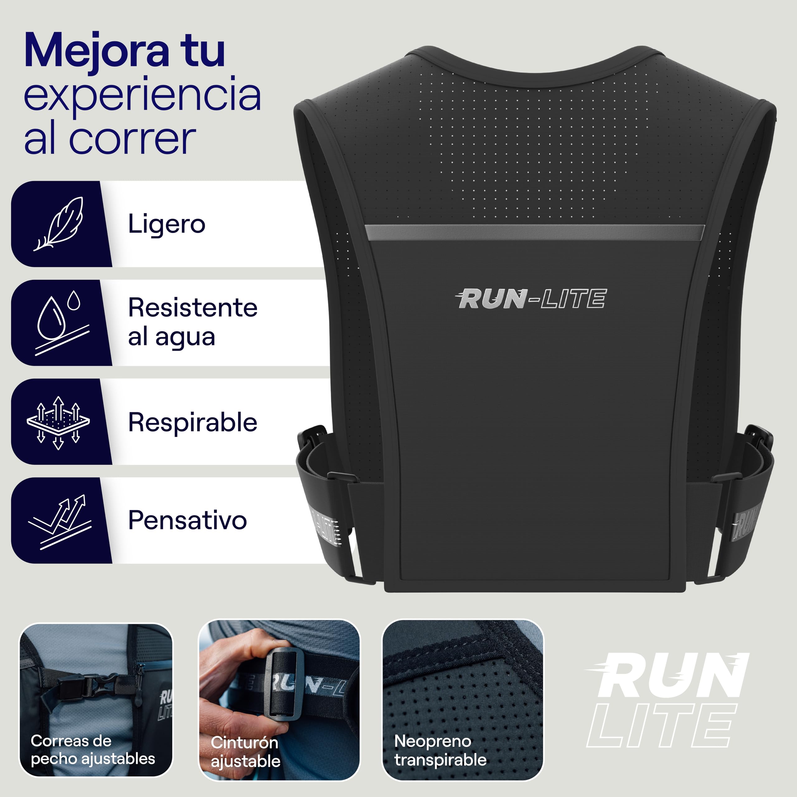 Chaleco Running Ligero con Bolsillos para Móvil – Chaleco Trail Running Reflectante, Impermeable y Ajustable, Unisex M/L (84-112 cm)