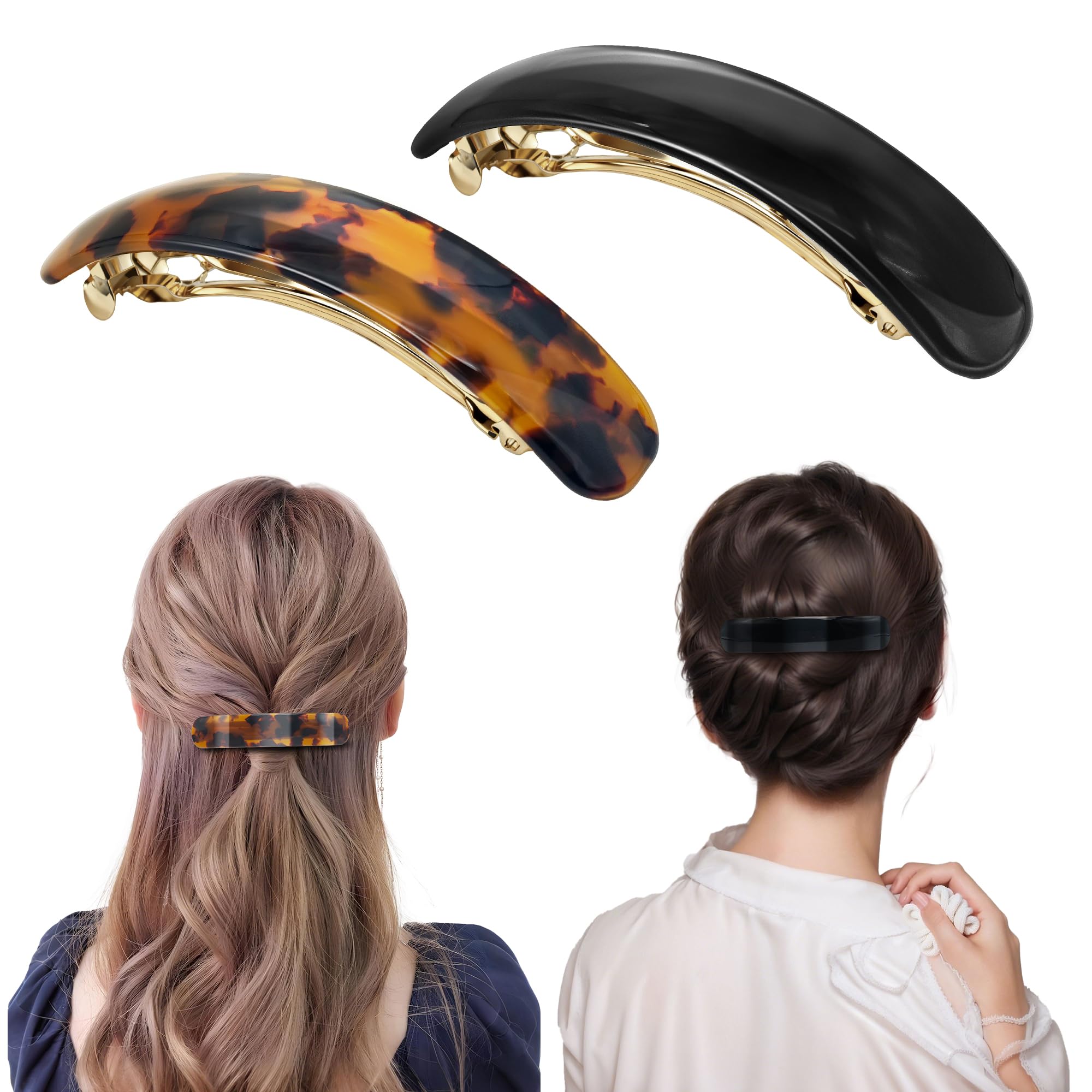 YIERSO French Oval Barrette Hair Clips for Women Vintage Tortoise, 2-Pack Black&Tortoise