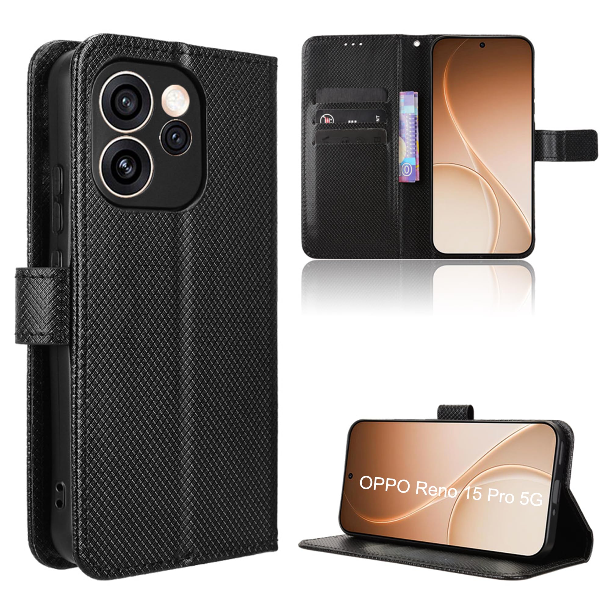 Rojeuinn Cover for OPPO Reno 15 Pro 5G Cases, Premium Magnetic Wallet Flip Case, Carbon Fibre Case - Black