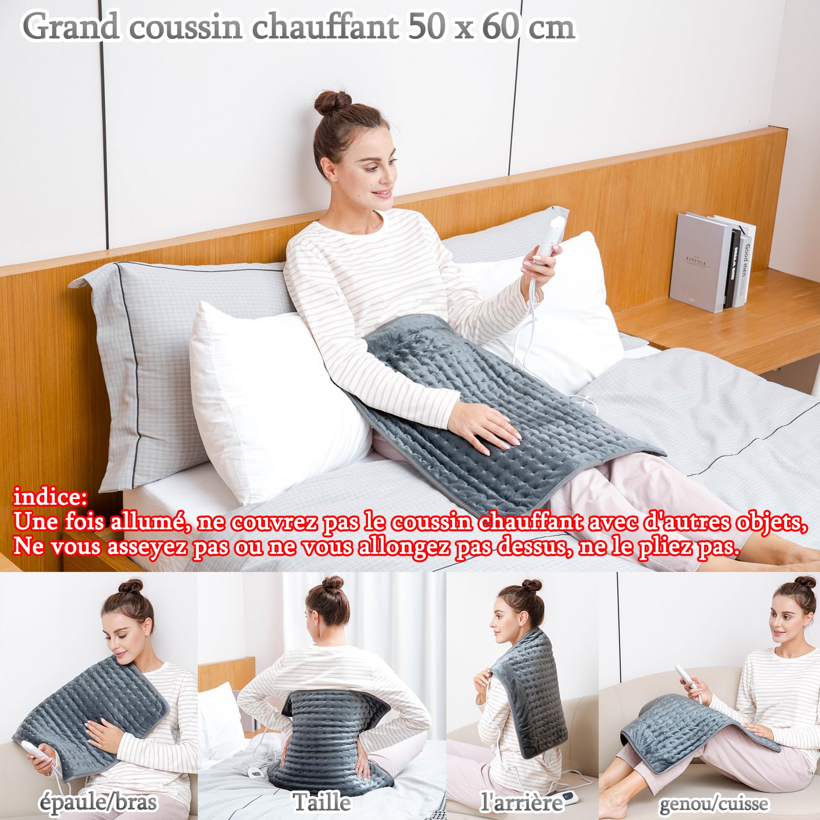 Manta Electrica Lumbar, Manta eléctrica para espalda, cuello, hombros y vientre con función de apagado automático, Franela Suave (gris oscuro, 50x60cm)