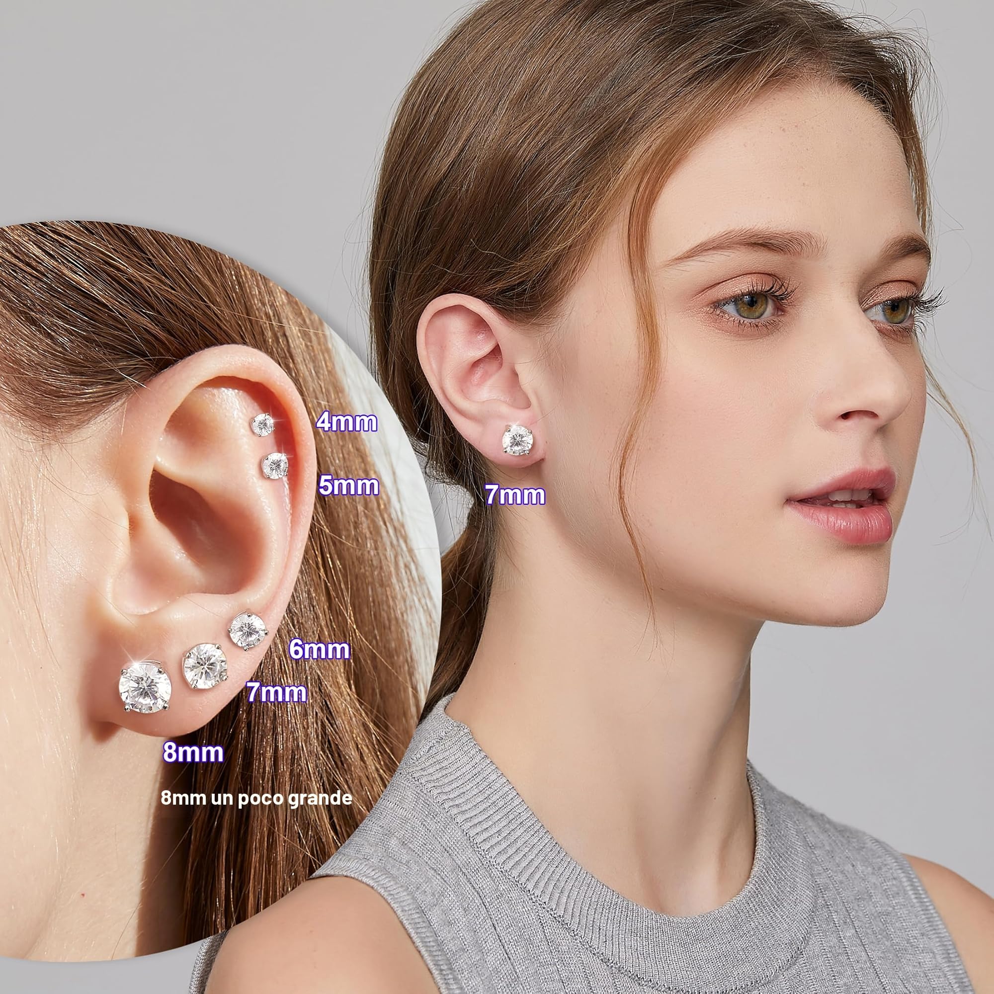 Bañado de Oro Blanco 18K - Pendientes Simulantes en Plata de Ley 925 con Brillante Circonitas Cúbicas y Diamante Swarovski para Mujer Hombre Tamaños 4-8mm