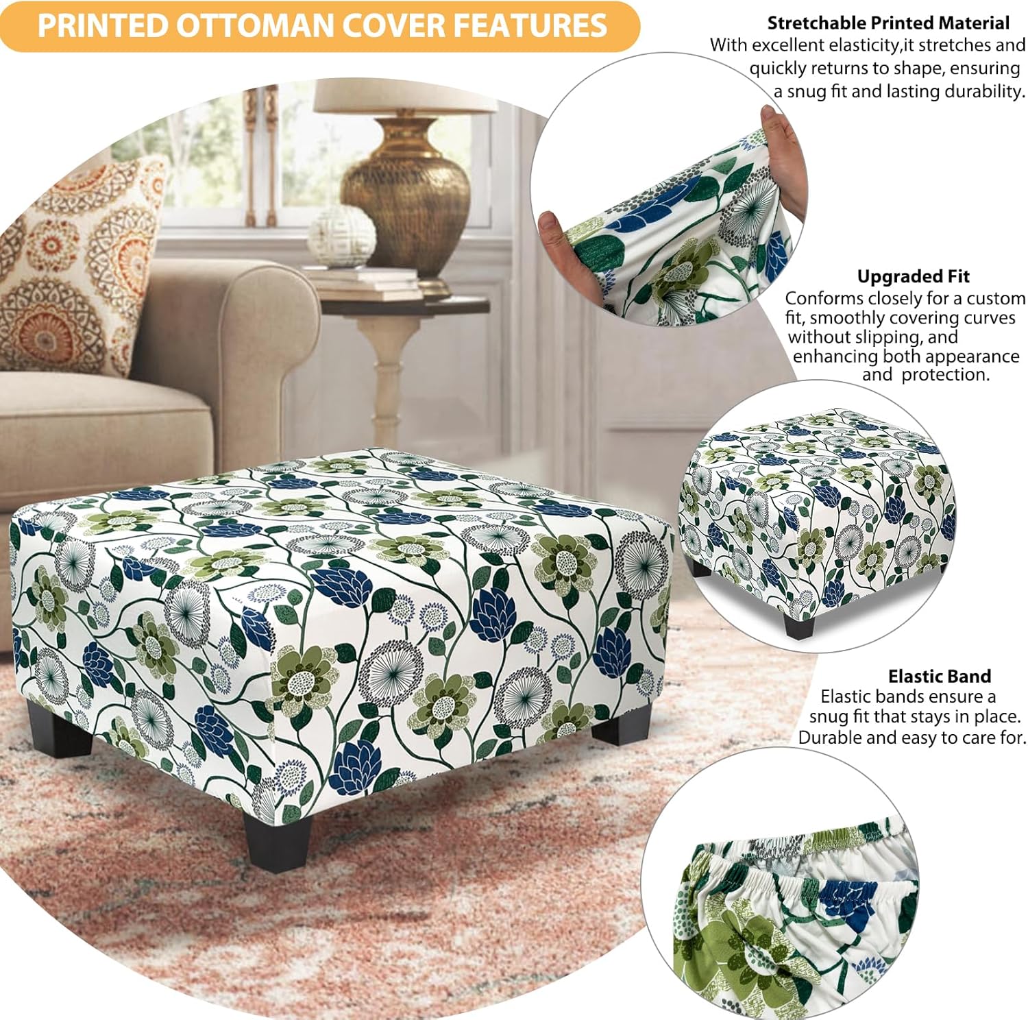 Ottoman Cover Rectangle Printed,Stretch Slipcover for Rectangular Footstool,Soft Fabric with Non-Slip Elastic Bottom,Furniture Protector for Living Room or Bedroom,X-Large,Flower C