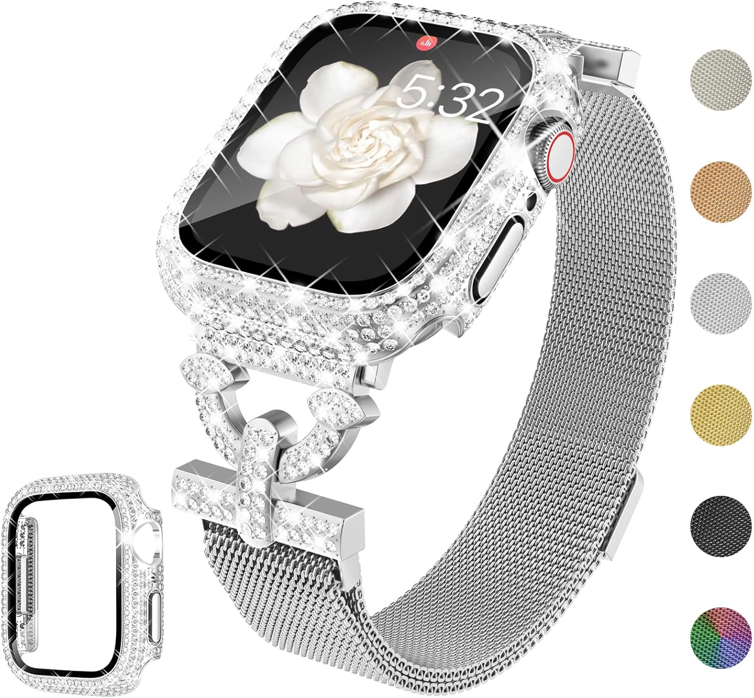 WINGLE Milanese Loop for Apple Watch Bands Women 40mm 41mm 38mm 46mm 45mm 44mm 42mm Series 11 10 SE 3/2/1 9 8 7 6 5 4 3 2 1 Slim Magnetic Mesh Band with Bling Case Protector Dressy iWatch Metal Strap - Image 9