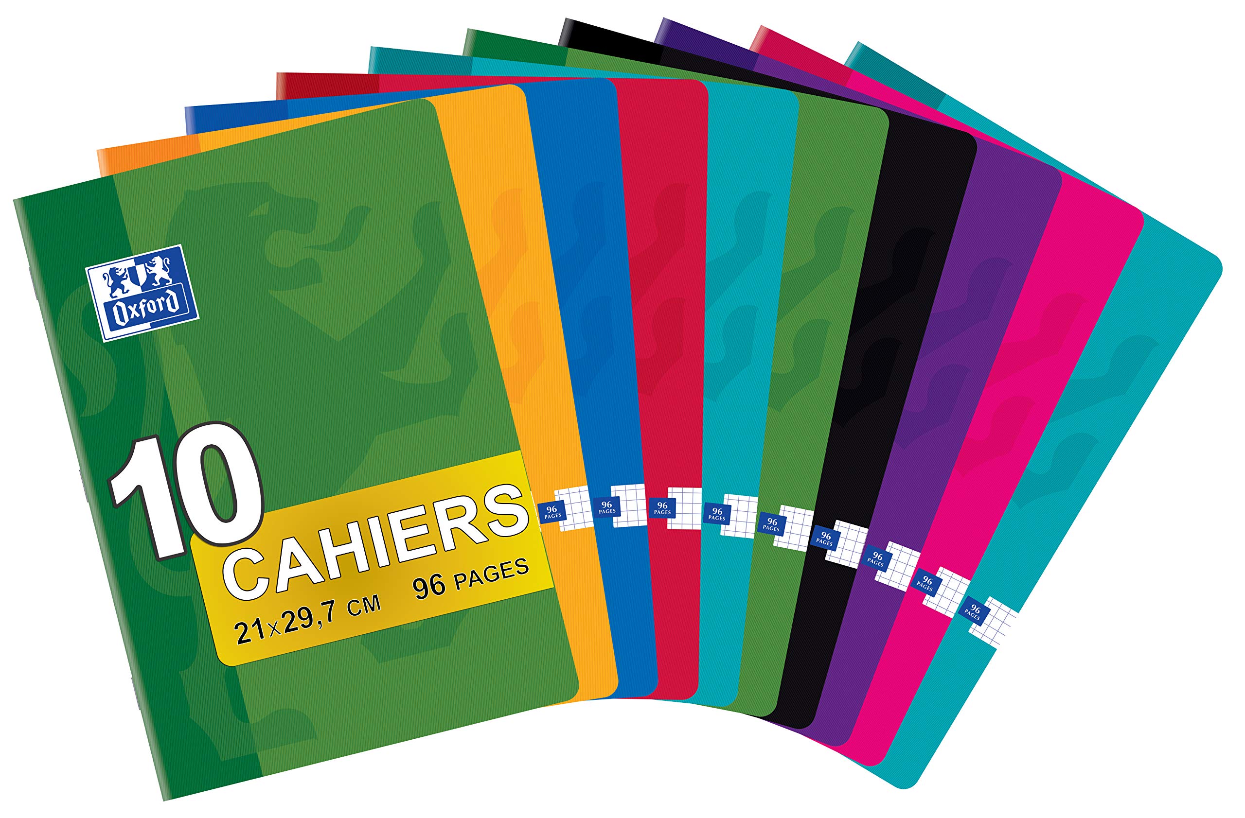 Oxford Klassisches Heftchen im Format A4 (21 x 29, 7 cm), 96 Seiten, kariert, 5 x 5 mm, verschiedene Farben, 10 Stück