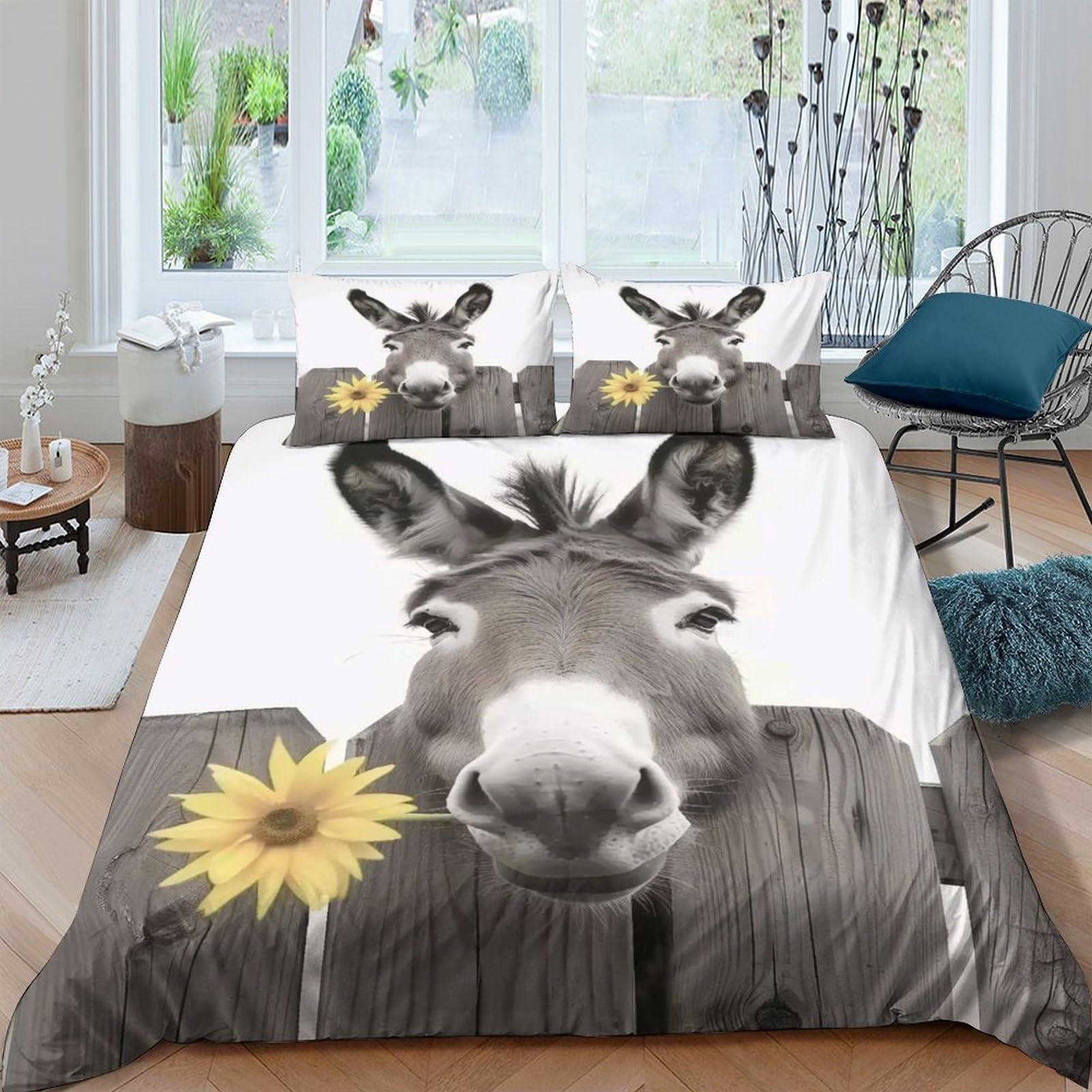 Ctjqhvkz Style-3 3D Printed Donkey Sunflower Fitted Sheet Microfiber Non-Slip Bed Cover Decor For Bedroom Guest Room Easy Care Single（135X200cm）