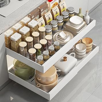 Pull Out Cabinet Organizer, Extendable Slide Out Drawer Storage Shelves, Pull-out storage rack, Roll-Out Sliding Drawer Organiser Shelf, for Kitchen, Bathroom, 32-52cm, No Need Drill 44-68cm