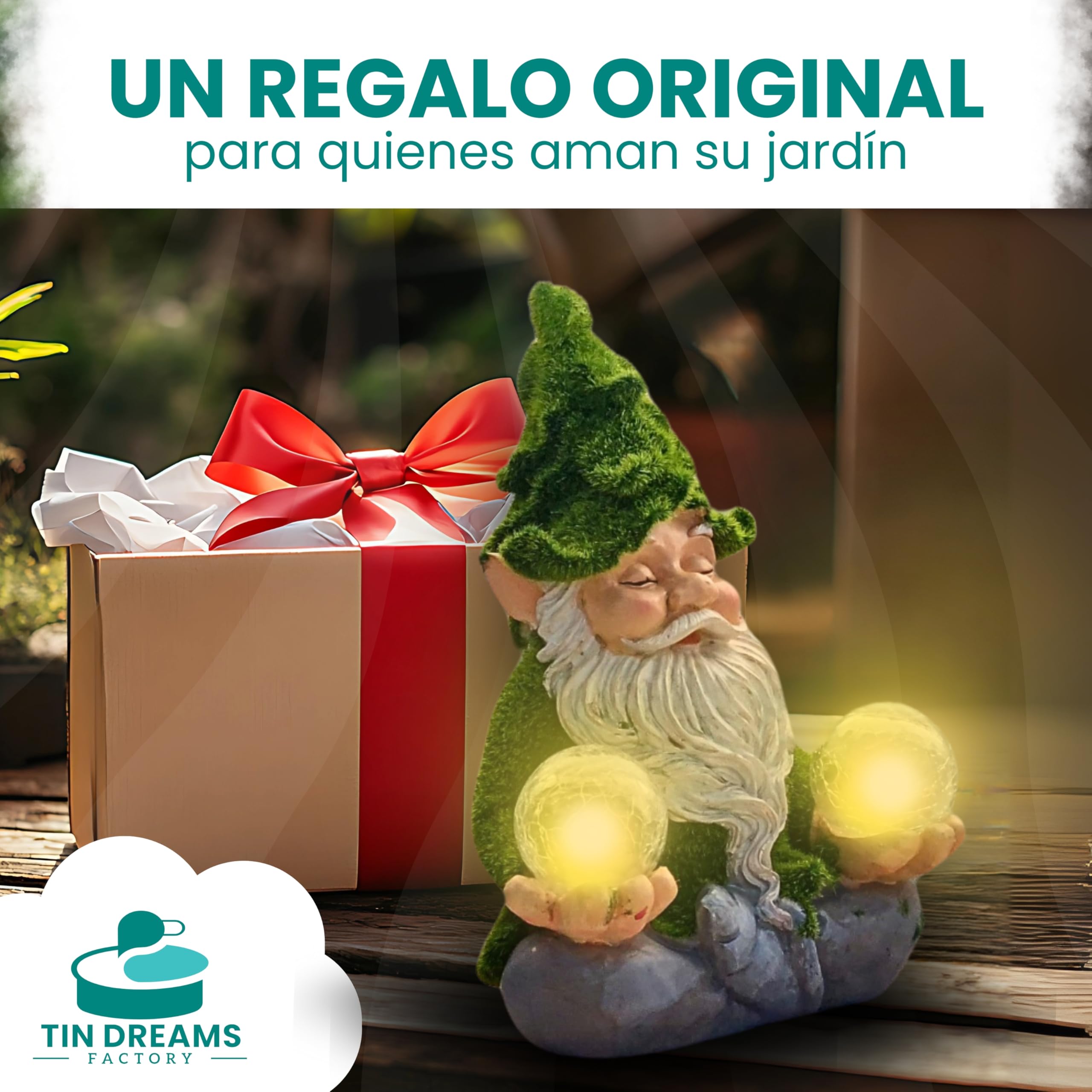 Gnomo Zen con Luz Solar – Figura Decorativa de Jardín en Resina – Enanito Exterior con Burbuja Luminosa LED – Adorno Relajante para Jardín, Patio y Terraza