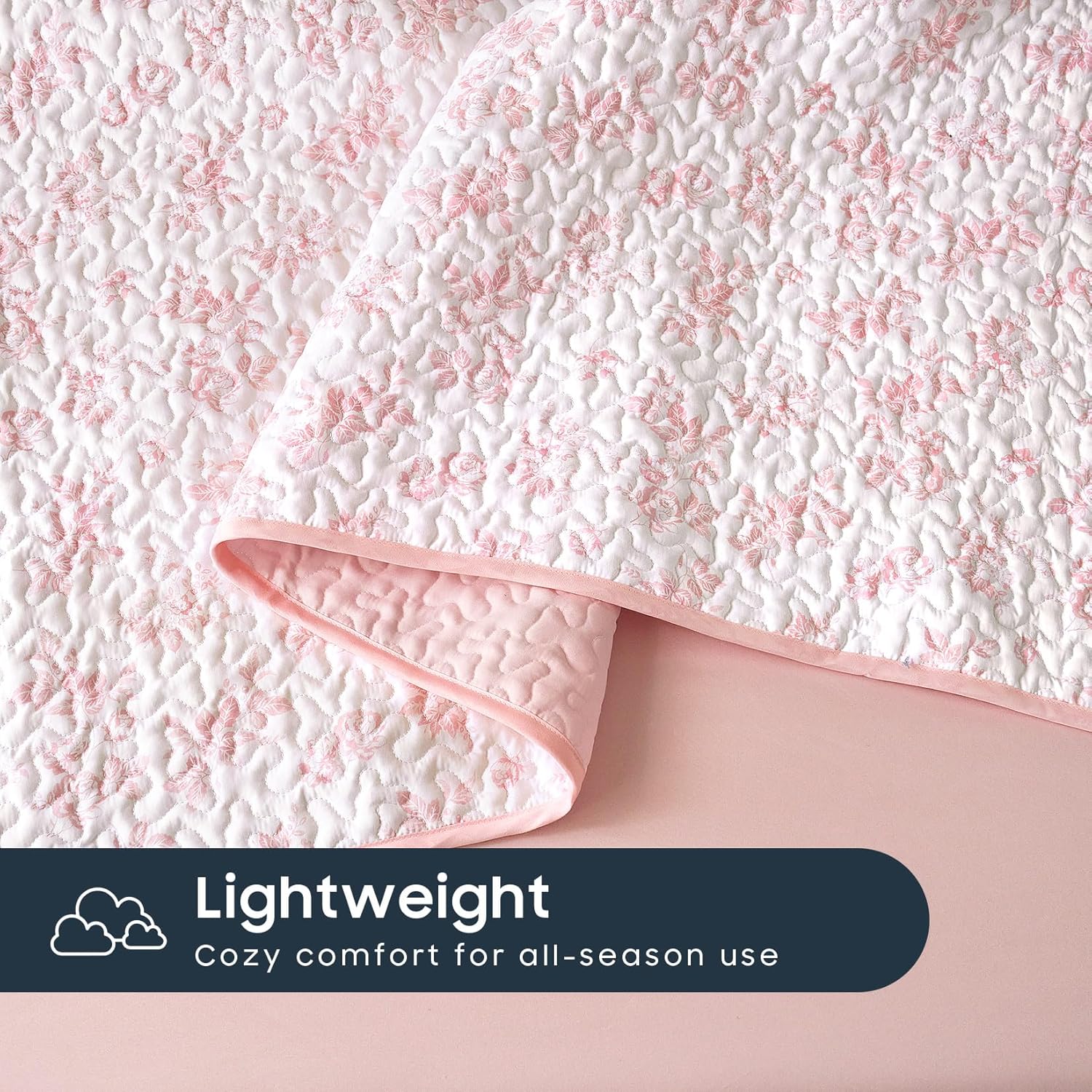 Wake In Cloud - Floral Quilt Set, Shabby Chic Coquette Cottagecore Vintage Flower for Women Teen Girls, Reversible Lightweight Bedspread Coverlet, 3 Pieces, Pink, Queen/Full Size