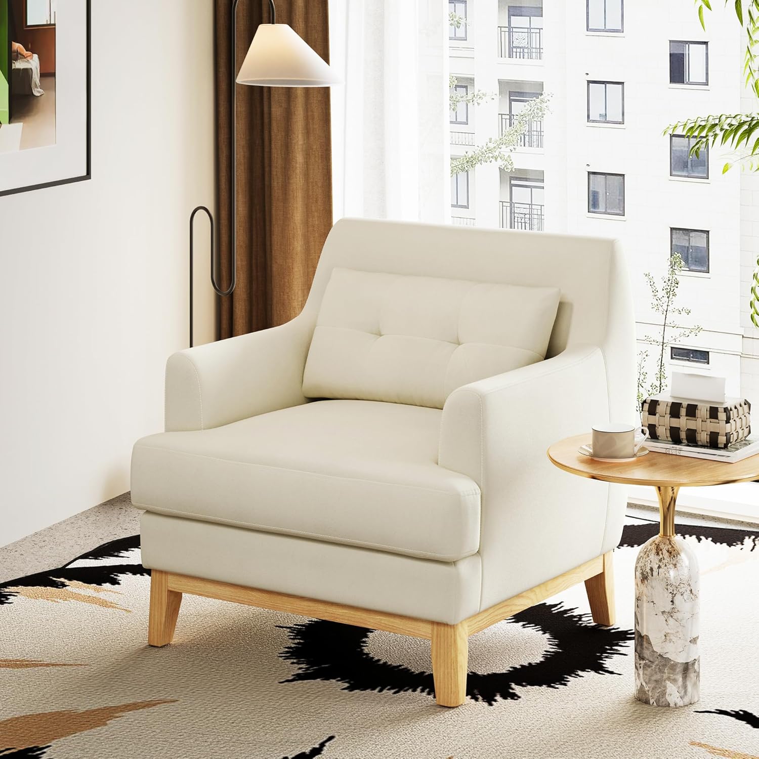 LINSY Accent Chair, Large Reading Chair with Rubberwood Base, Mid Century Modern Armchair with Lumbar Pillow, Cozy Single Sofa Chair for Living Room Bedroom Office Study, Velvet Arm Chair, Beige