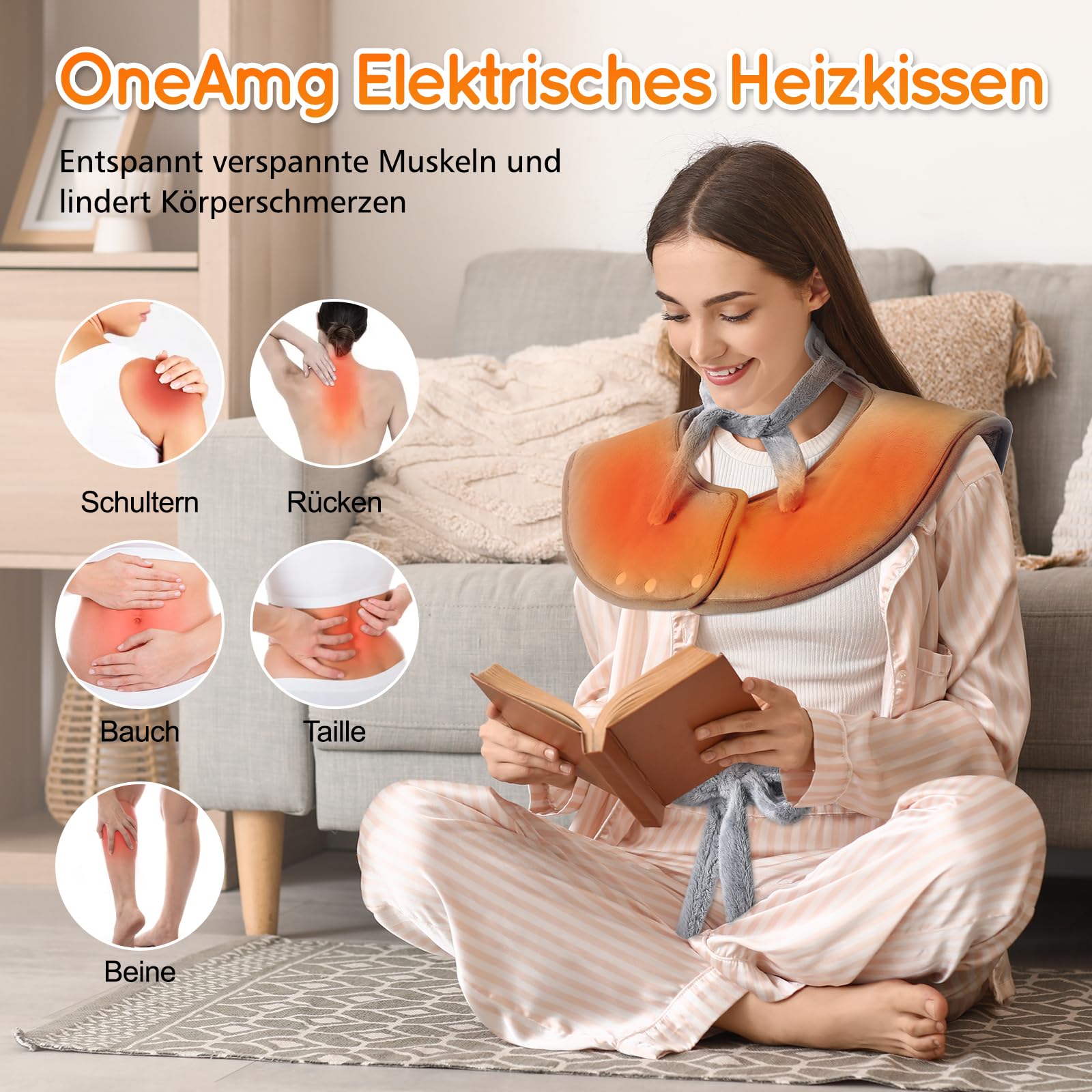 Heizkissen für Rücken Schulter Nacken 61x94cm Heizkissen mit Abschaltautomatik Schnelle Erwärmung, mit 4-Stunden-Timer und 6 Heizstufen Flanellmaterial, Waschbar Wärmekissen Elektrisch