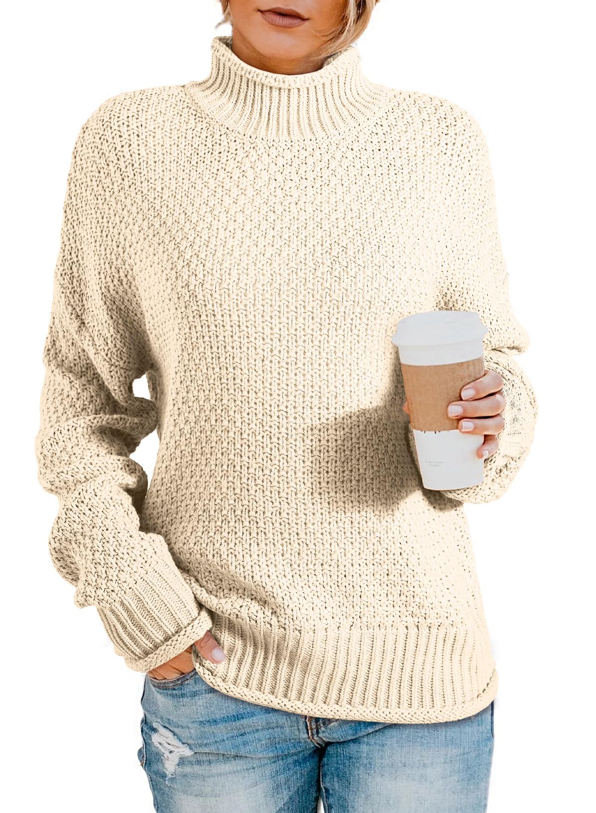 Dokotoo Womens Winter Fall Turtleneck Cable Knit Chunky Sweaters Pullover | Winter Tops,Elegant,High Neck,Long Sleeve,Outerwear,Cozy,Trendy Clothes Large B Beige