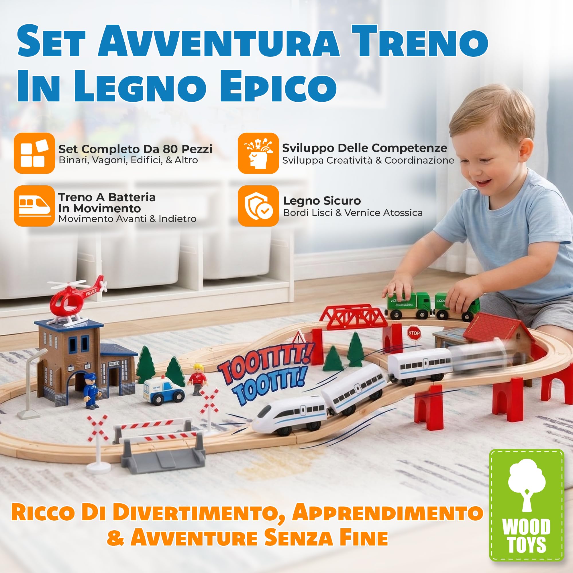 Green Series Pista Treno in Legno con Treno a Batteria – Set Stazione di Polizia 80 Pezzi – Compatibile con IKEA – Per Bambini 3+ – Tracciato 100x67 cm, 378 cm