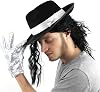 Jacko Fancy Dress Accessory Set Trilby Fedora Hat With Black Wig And Sequin Glove (Black Hat With White Band)