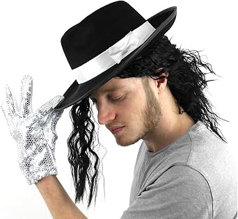 Jacko Fancy Dress Accessory Set Trilby Fedora Hat With Black Wig And Sequin Glove Black Hat With White Band