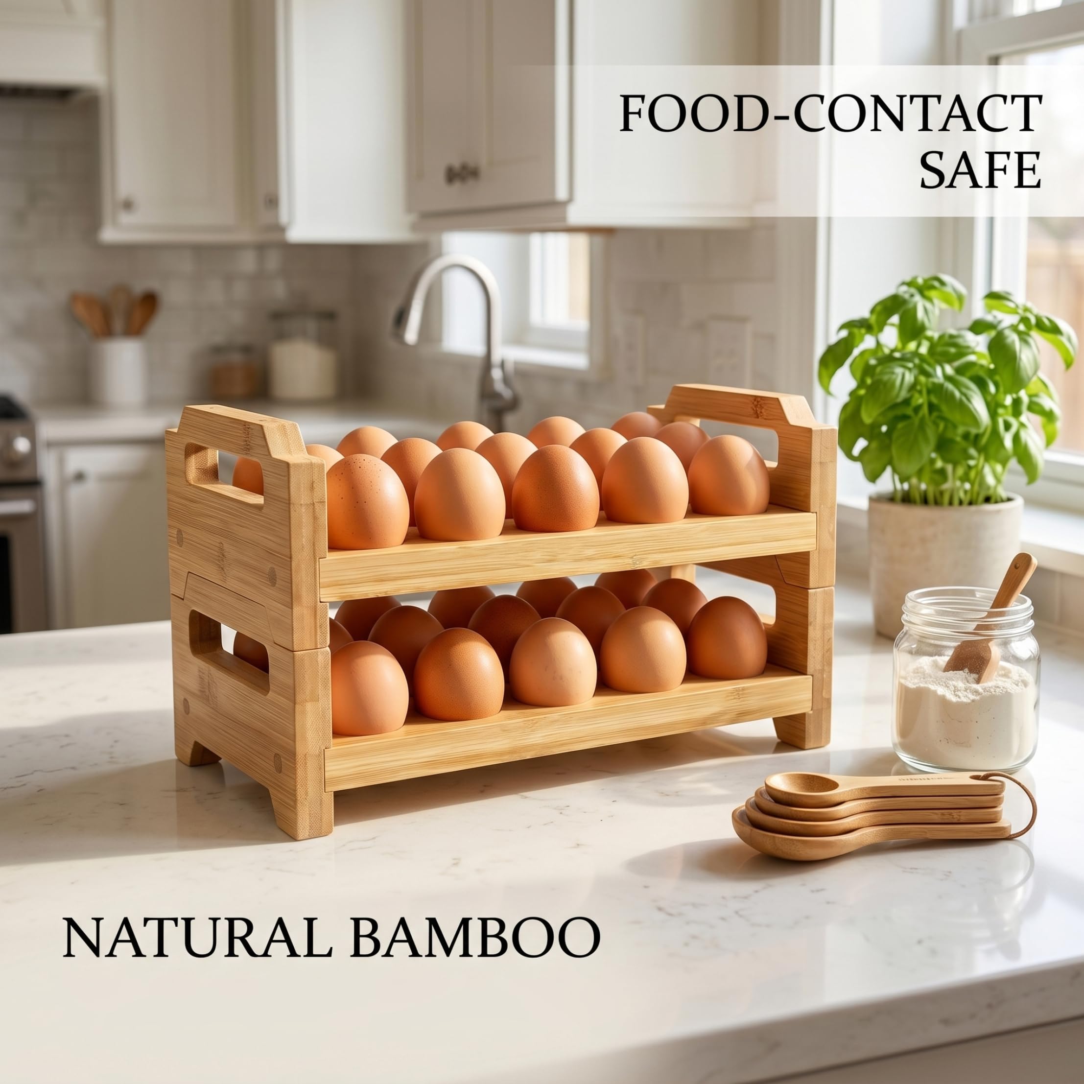 Huevera de bambú de 2 niveles con asa, bandeja apilable para huevos para almacenamiento en cocina y refrigerador, Color Bambú