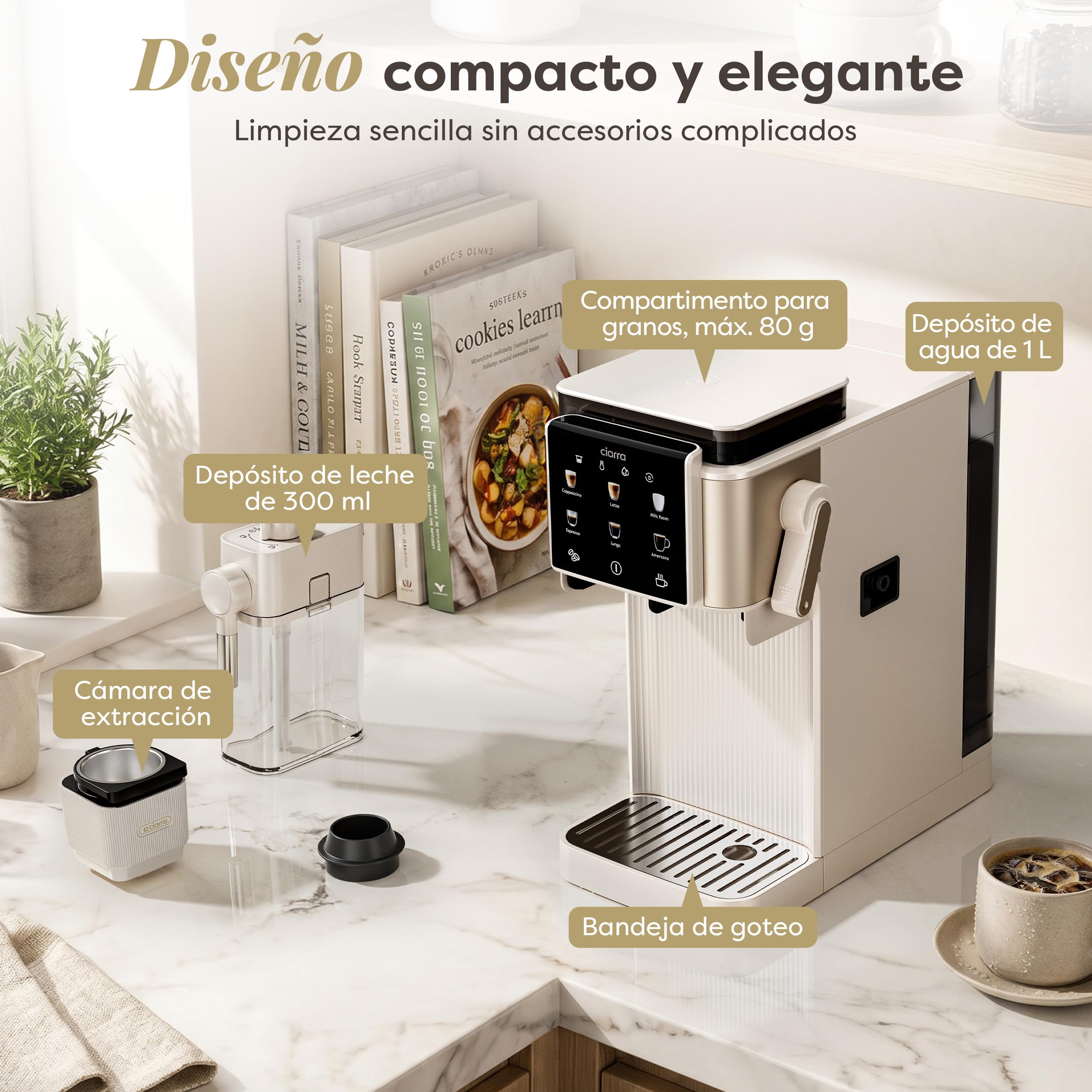 CIARRA CBSACM-D6 Cafetera Espresso con Molinillo y Espumador 15 Bares | Semiautomática para Cappuccino y Latte, Depósito de Granos 80 g PID Control de Temperatura Depósito 1.0L