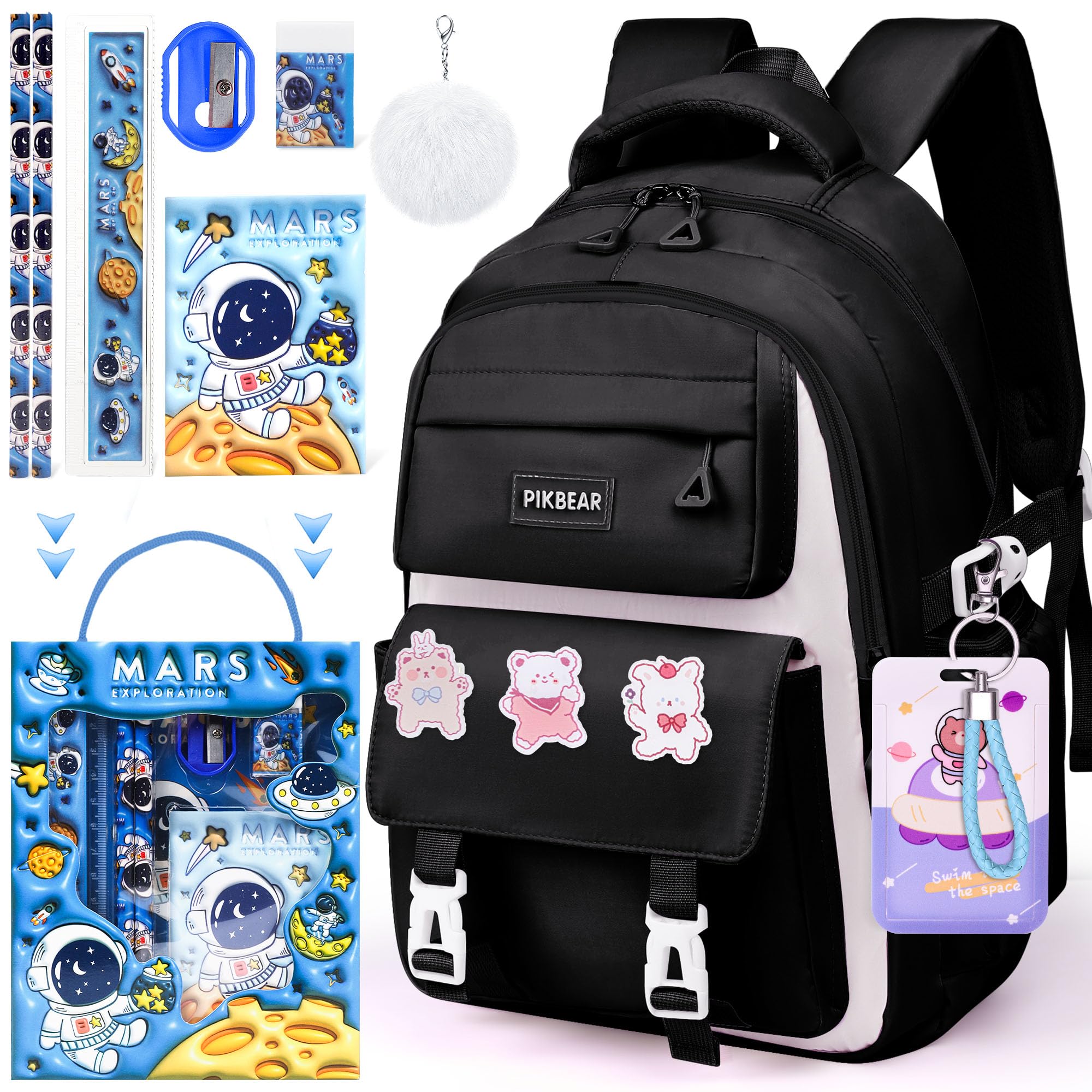 Fafeuai Cartoon School Backpack for Boys -Kids School Bags Bookbag with Stationery Set,Pins,ID Badge Holder for Boys Girls Kid Teen (Black)
