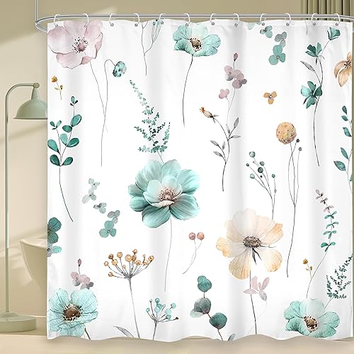 Miniatura 19 de Omifly Cortina de ducha con diseño floral de acuarela, cortinas de ducha de primavera con flores azules y beige para baño, juego de cortina de ducha