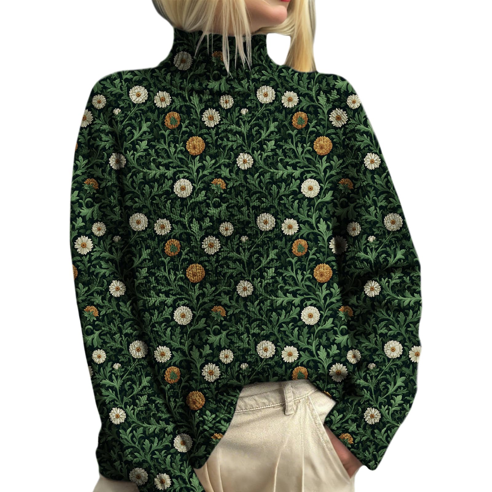 Womens Long Sleeve Turtleneck Knitted Sweaters Casual Boho Floral Printed Pullover Tops Fall Winter Chunky Sweaters