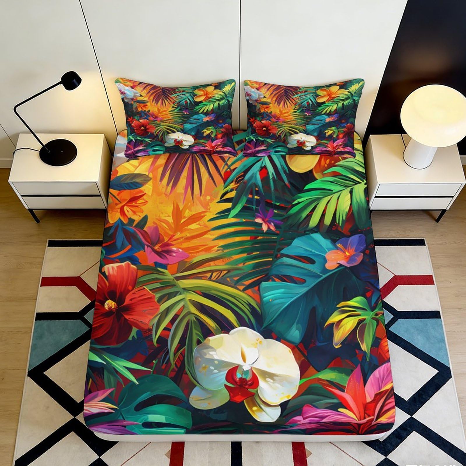 3D Printed Tropical Jungle Fitted Sheet Microfiber Vibrant Floral Mattress Cover Non Slip for Bedroom Guest Room 160x200x25cm
