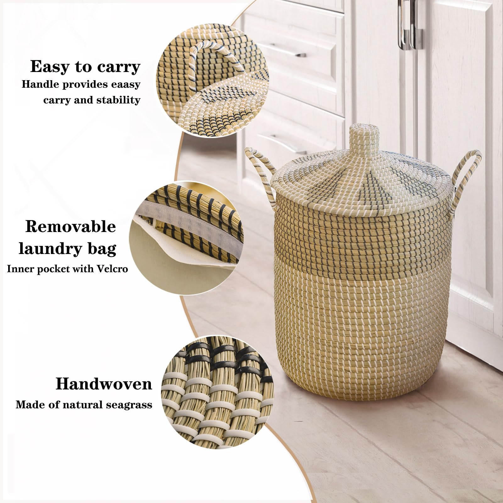 3 Pz 76L+43L+26L Set di Cestini per la Biancheria con Coperchio e Sacchetti Interni, Cesto Intrecciato, Fatto a Mano, Cesto Portaoggetti con Manici in Salice per Bagno o Cameretta dei Bambini, per