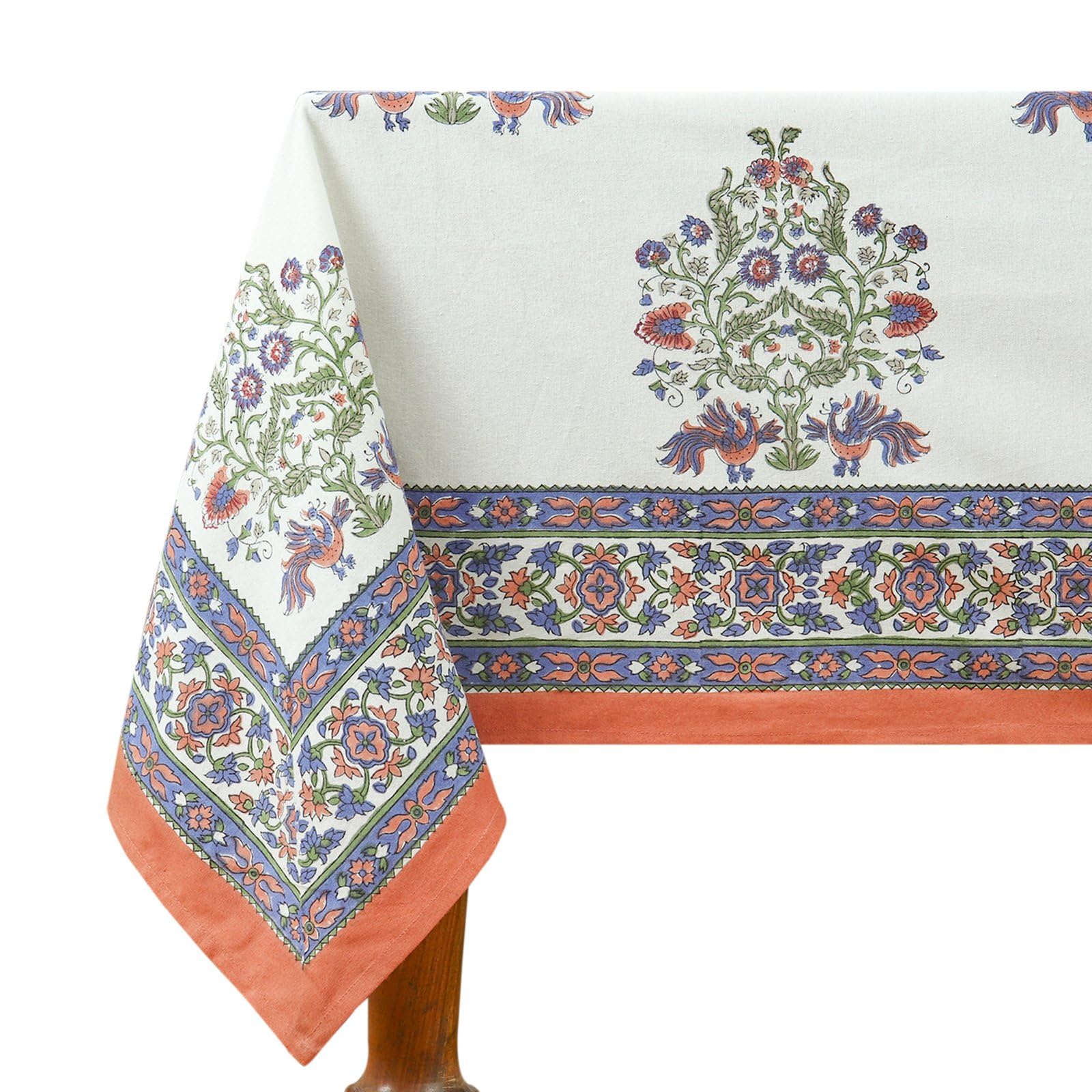 72x190 Inches Rectangle Hand Block Printed Cotton Tablecloth, White Green Floral Table Cloths Washable Indian Table Linen For Dinning Home Decor Spring Autumn Outdoor Thanksgiving — image 1