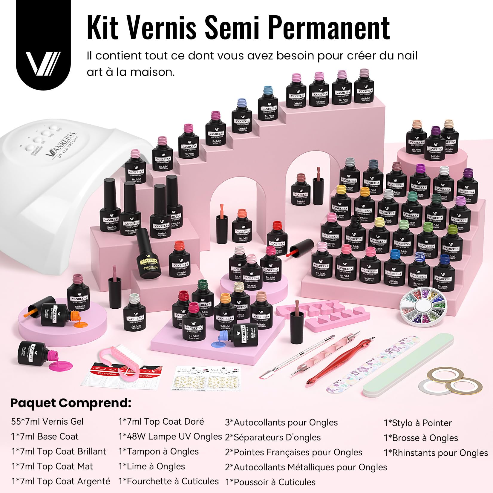 VANREESA 55 Couleurs Kit Verni Semi Permanent, 77 PCS Kit Ongle Gel U V Complet avec Top Base Mat Pailleté Coat et Lampe LED 48W U V et Outils de Manucure, Set Manucure pour Débutants