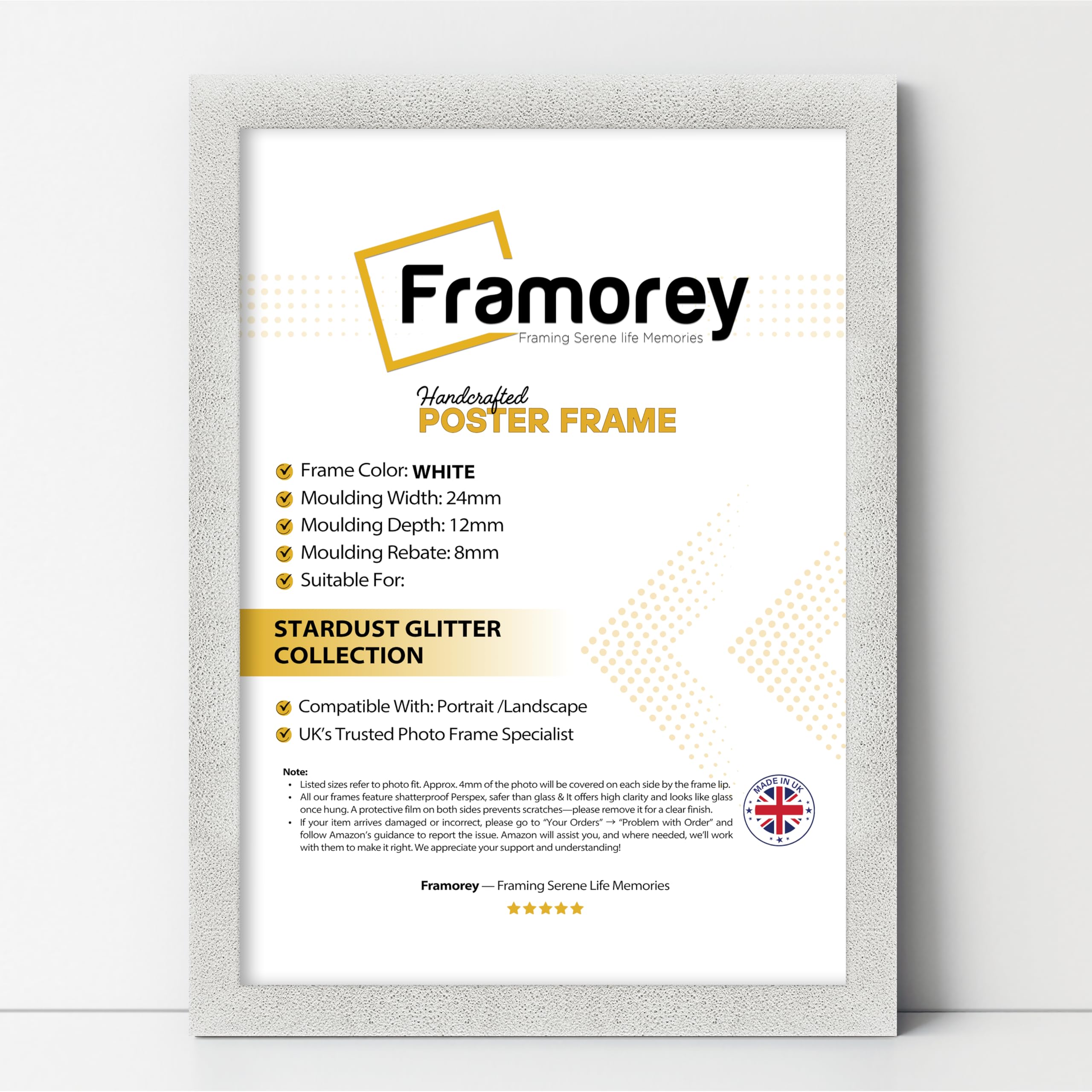 Framorey Framing Serene Life Memories White Framorey Glitter Sparkle Stardust Picture Frame, A5 Size Photo Frames, Wall Hanging Photo Print Frame, Home Décor Frames